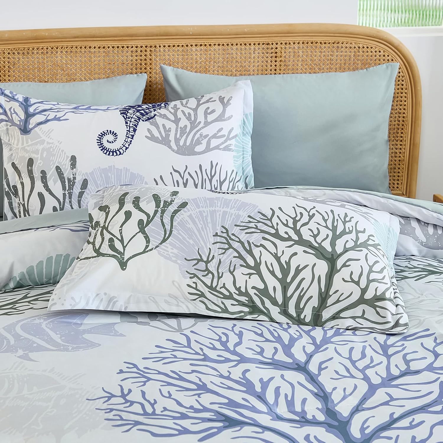 WONGS BEDDING Comforter Set King，Coastal Beach Theme Bedding Set, 7 Pieces Ocean Nautical Seaweed & Starfish Summer Bed in a Bag (104"×90")