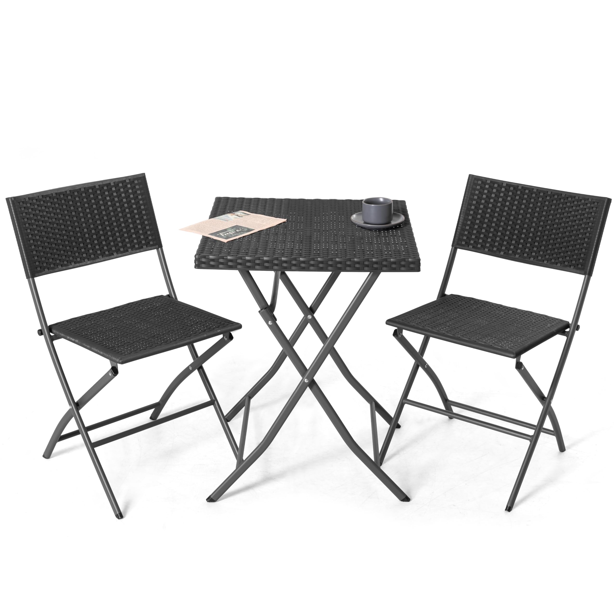 Avestar Ensemble de Bistrot Pliable 3 Pièces Table & 2 Chaises en Rotin PP, Résistant aux Intempéries, Noir