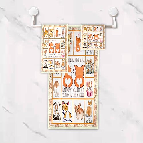 Miniatura 6 de Juego de 3 toallas de baño Corgi, 1 toalla de baño, 1 toalla de mano, 1 toallita de baño, suave, versátil, elegante, toalla de baño decorativa para
