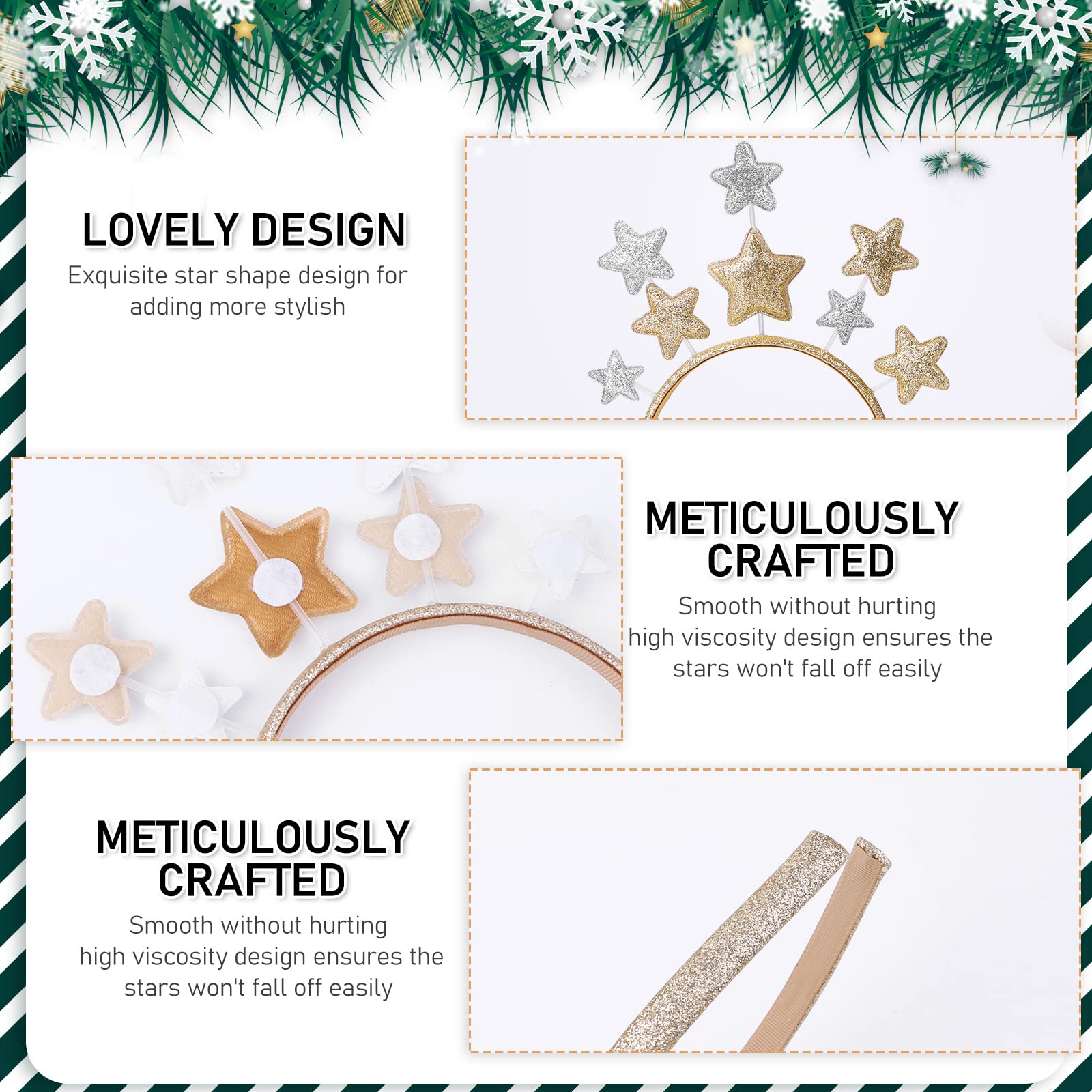 3 Cerchietti Di Natale Glitter Con Stelle - Fascia Per Capelli Oro E Argento, Per Donne, Ragazze E Bambine, Accessori Per Feste E Capodanno