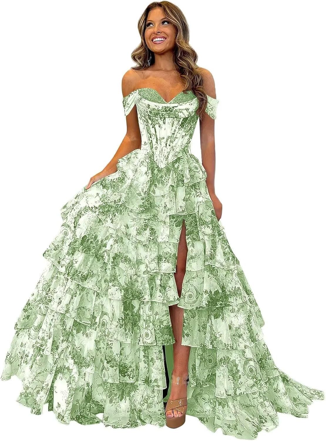 Off Shoulder Floral Print Prom Dresses for Women Tiered Chiffon Ruffle A Line Formal Dress with Slit
