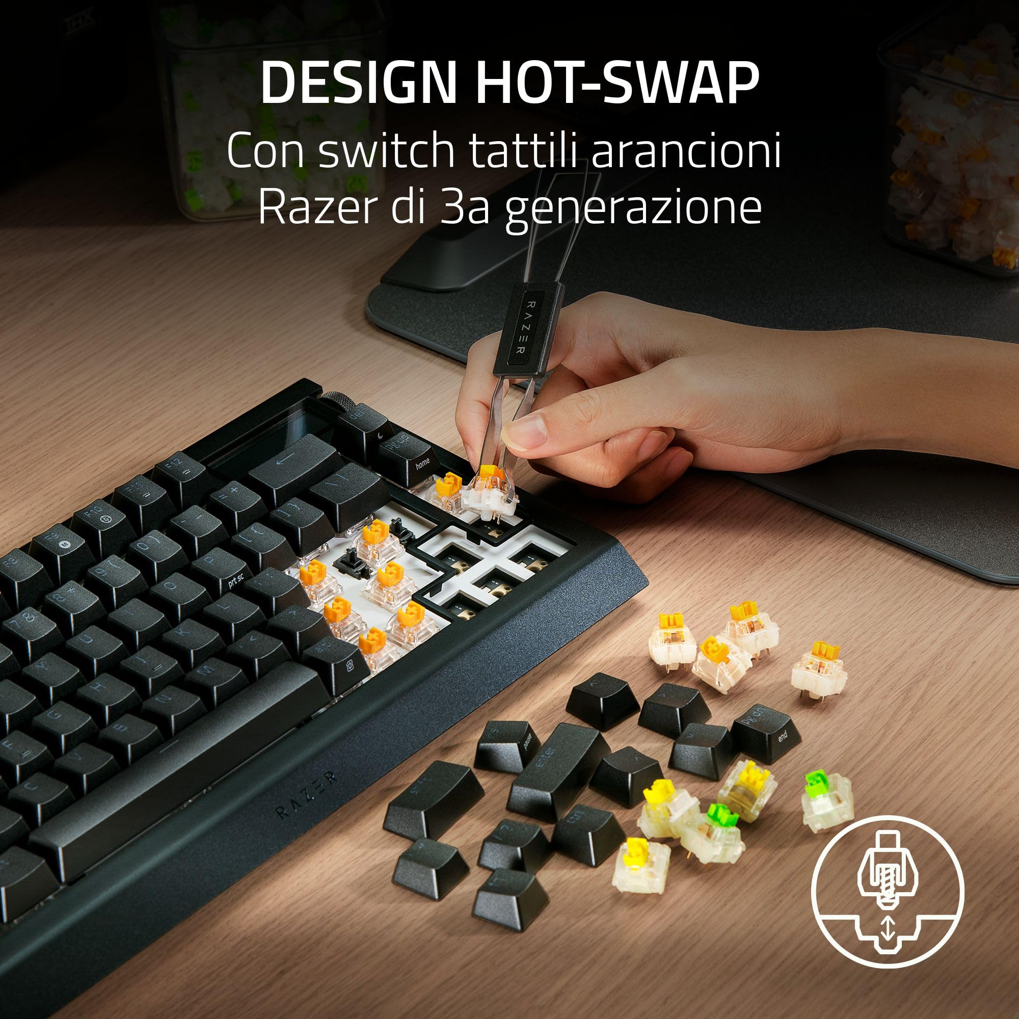 Razer BlackWidow V4 Pro 75% - Tastiera da gioco wireless sostituibile a caldo - Display OLED (ghiera dei comandi, 4K Hz e connettività Bluetooth, poggiapolsi magnetico) Layout US ISO | Nero