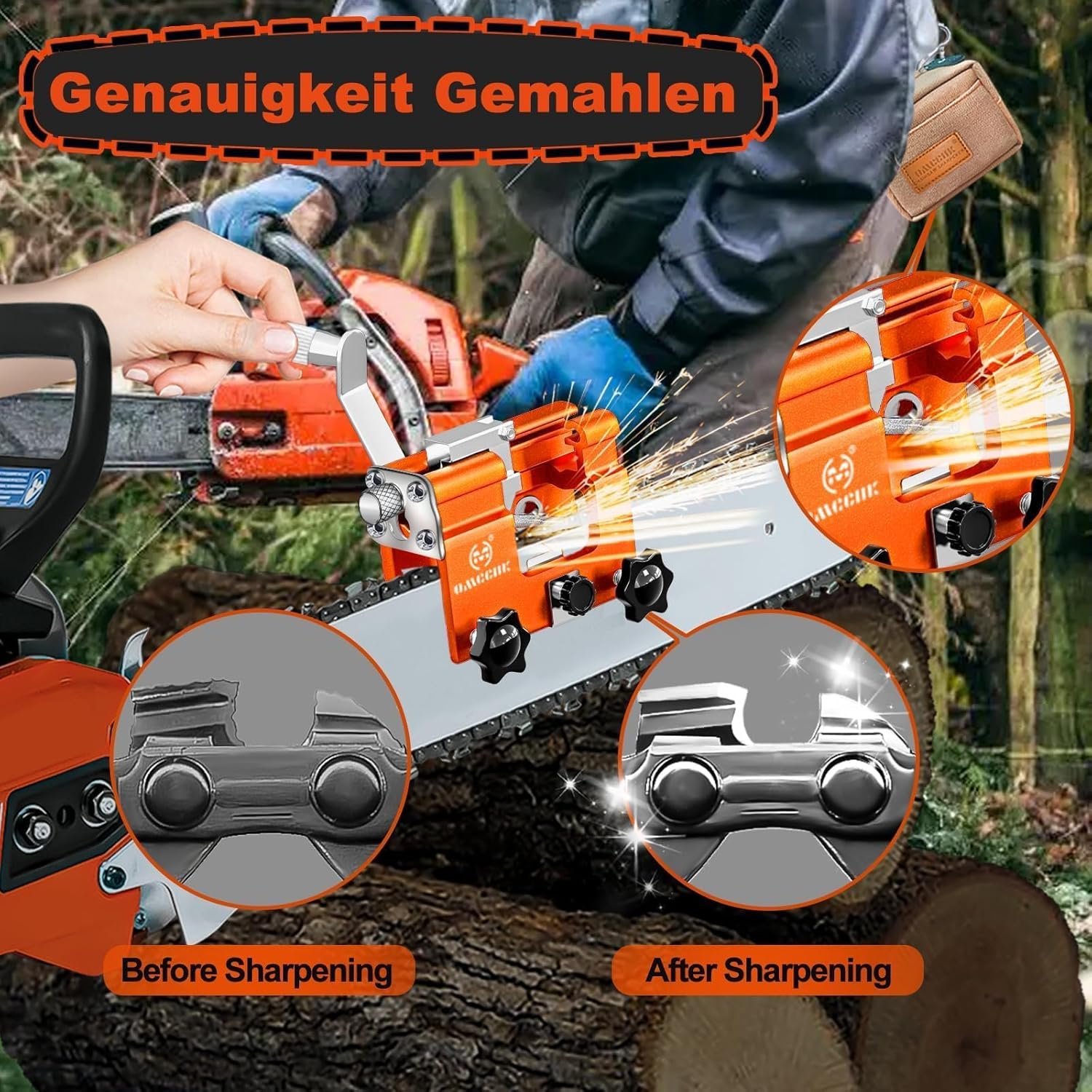 Chainsaw Sharpener with 10 High Hardness Titanium Plated Diamond Bits, Portable Universal Chain Saw Blade Sharpening Jig Kit Tool, Hand Crank Chainsaw Accessories for 4-22" Saw Chain