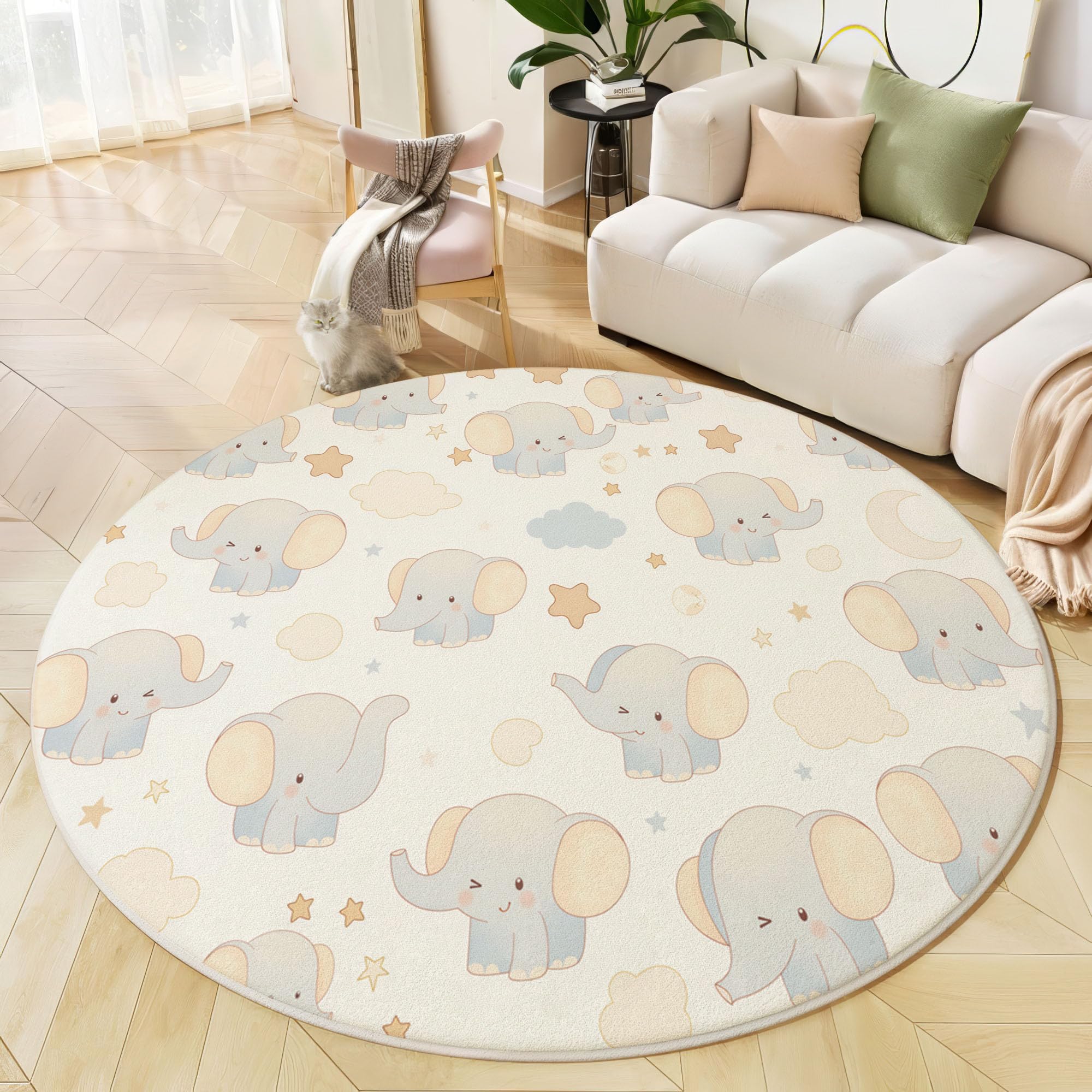 Tapis Salon Rond Diamètre 180cm, Style Dessin animé Petit éléphant, étoile et Lune, Tapis Doux Antidérapant pour Décoration Salle à Manger Chambre Canapé Cuisine Chambre d'enfant, Bleu Clair