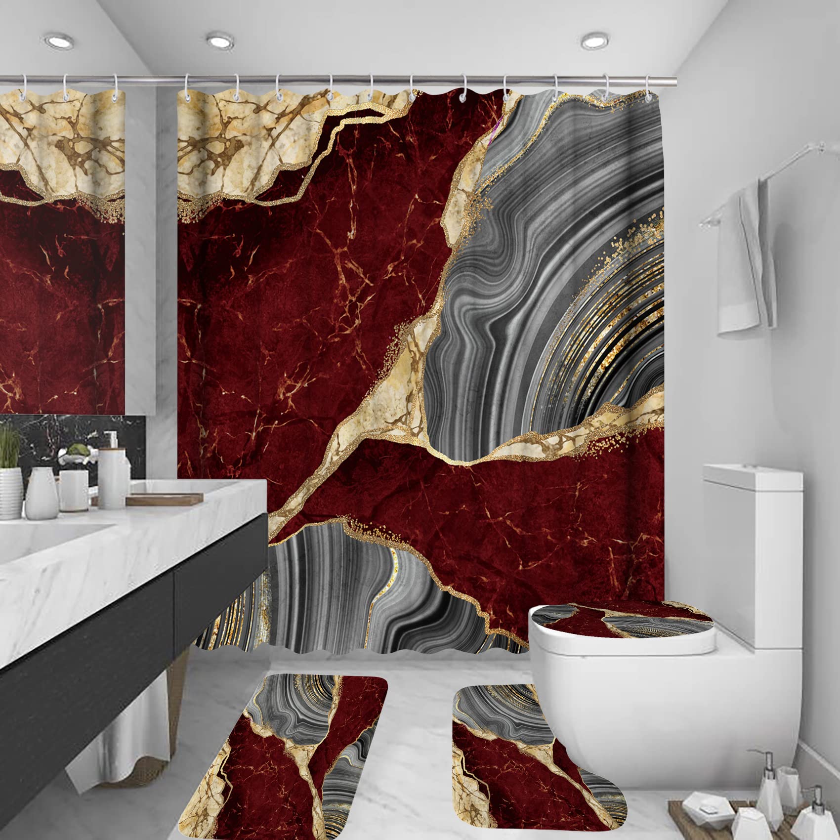 beifivcl 4Pcs Marble Shower Curtain Sets, Bathroom Decor Sets, Luxury Shower Curtain with 12 Hooks, Bath Mat, Toilet Lid Rug and Non-Slip U Shape Mat