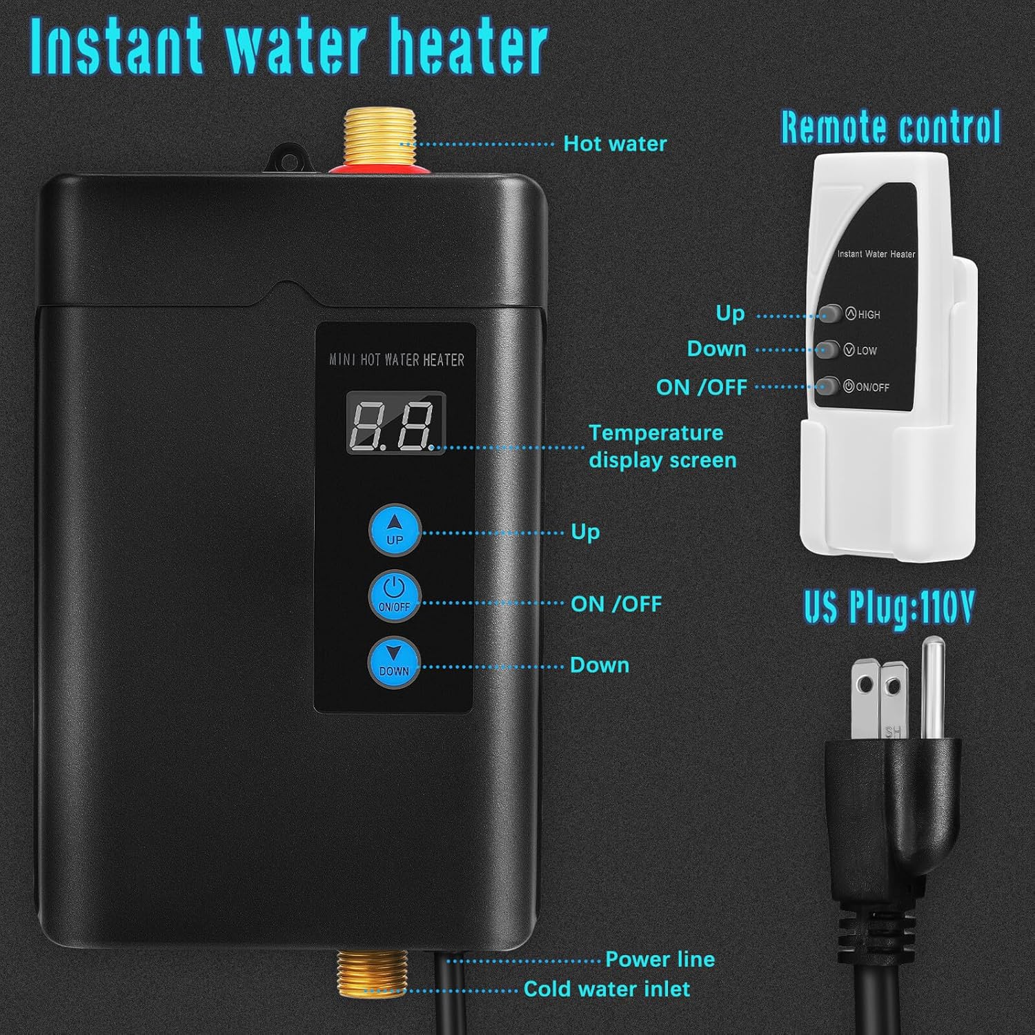 Tankless Electric Water Heater with Remote Panel Small Compact Design for Kitchen Bathroom Laundry Constant Temperature US Plug