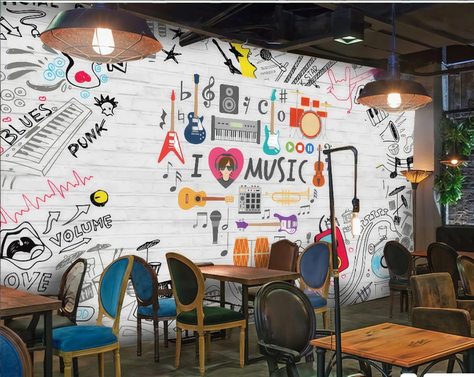 Rskjdghshd 3D Wallpaper Creative White Wall Graffiti Text Music Trend Leisure Dessert Shop Western Restaurant Background Wall Mural Afternoon Tea Coffee Shop Wallpaper,,400X280cm