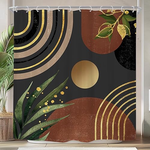 Riyidecor Boho Mid Century Shower Curtain，72Wx72H Inch Modern Neutral Grey Green Gold Dark Abstract Leaf， Minimalist Geometric Arch Bathroom Decor Fabric Polyester Waterproof 12 Pack Hooks
