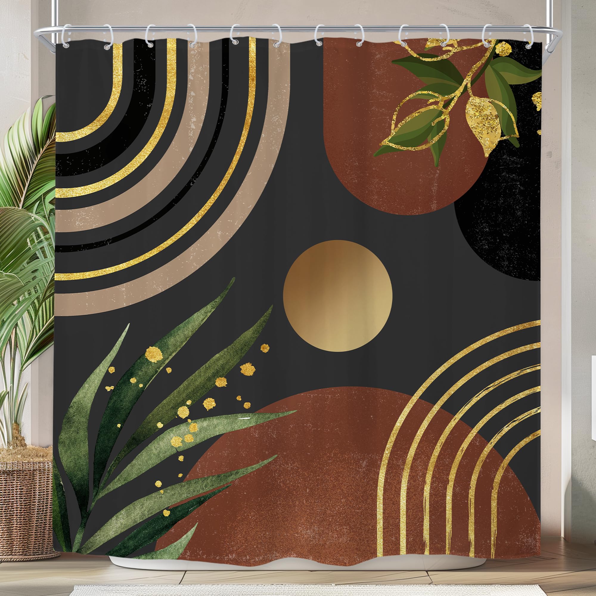 Riyidecor Boho Mid Century Shower Curtain 72Wx72H Inch Modern Neutral Grey Green Gold Dark Abstract Leaf Minimalist Geometric Arch Bathroom Decor