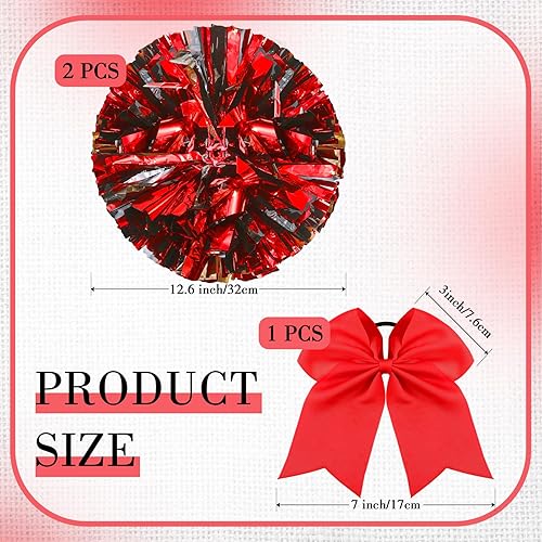 Miniatura 2 de Hanaive 3 pompones de animadora y lazo grande de animadora para el pelo, pompones metálicos para baile de adolescentes
