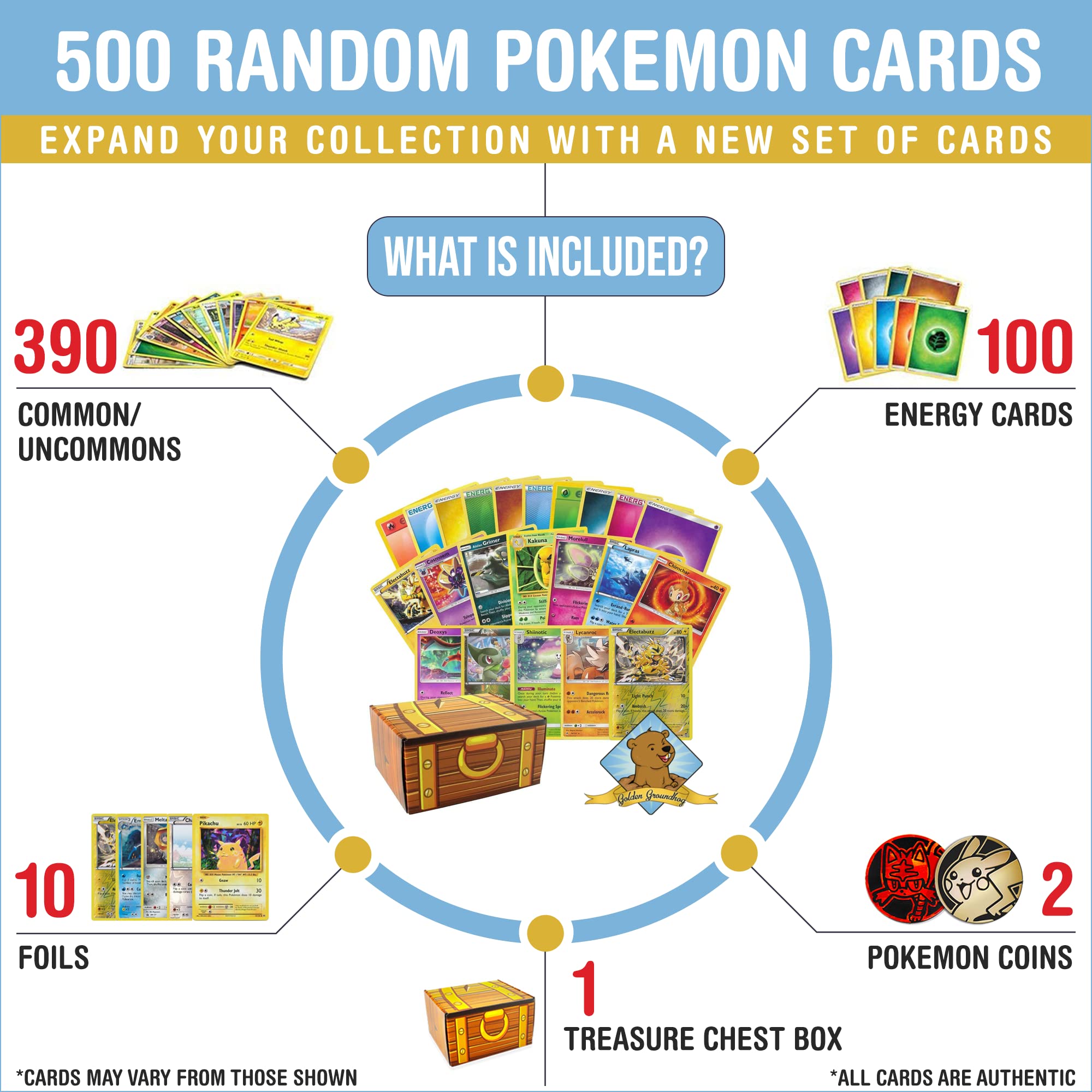Amazon.com: Golden Groundhog TCG Card Box | 500 Card PKMN Starter Bundle |  Gift Set Includes 390 Commons & Uncommons | 100 Energy Cards | 10 Foils & 2  PKMN Coins | Build Your Collection Now Set : Toys & Games