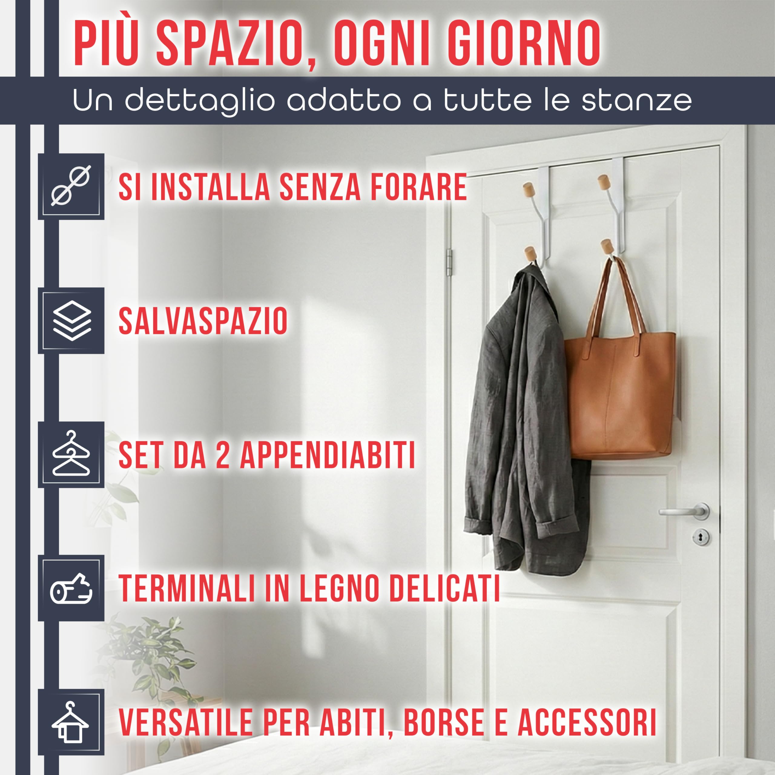 Generico Appendino Porta Abiti da Porta Senza Forare – Set 2 Ganci Appendiabiti con Terminali in Legno