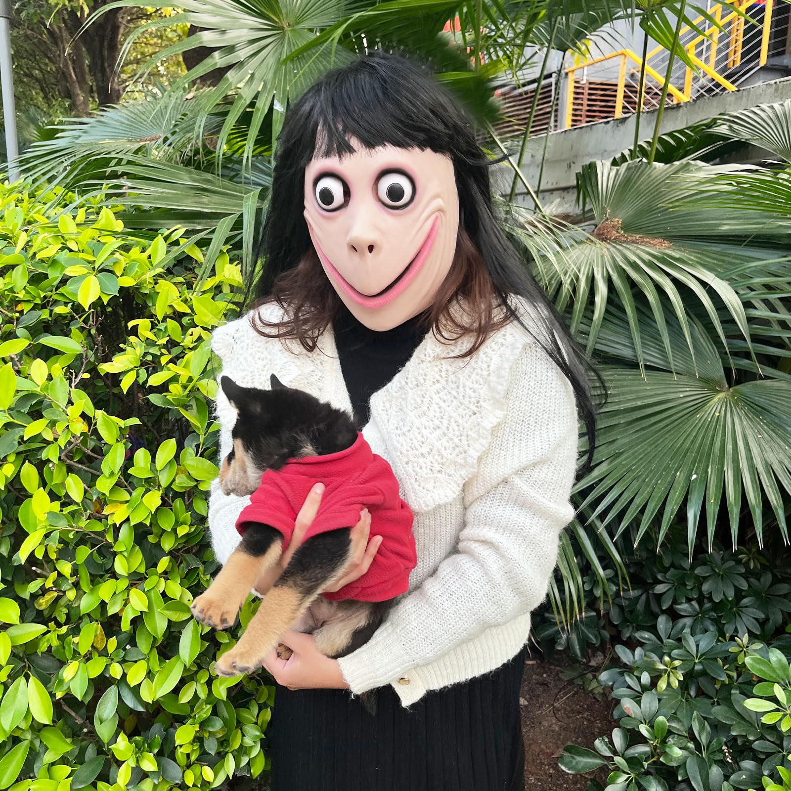 BEJOYFMY MOMO Mask, Scary Latex Momo Head Mask with Long Wig, Horror Devil Cosplay Face Masks with Long Hair Creepy Smile for Adults - Image 4