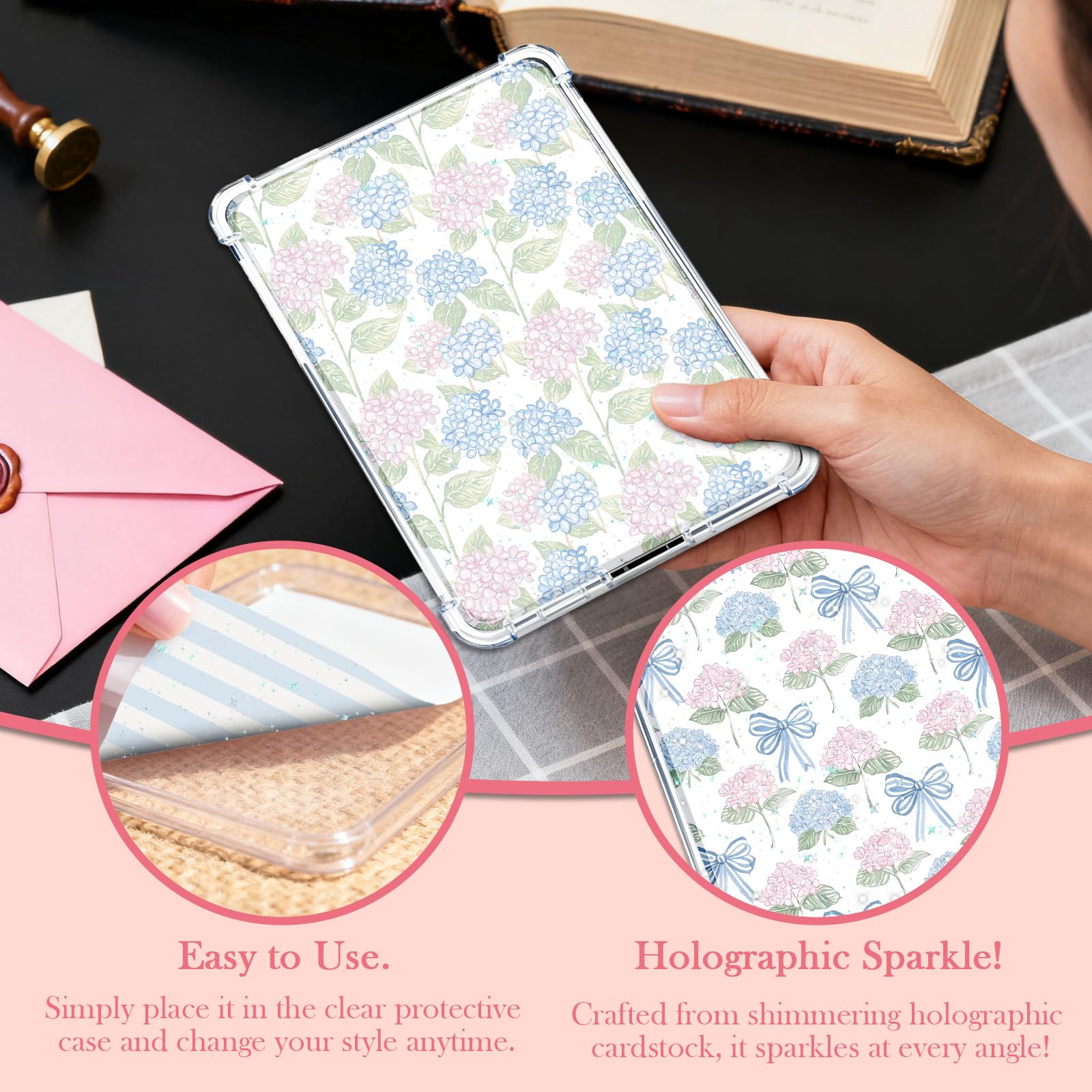 Rngmsi Karton-Einlagen für Kindle E-Reader, Blau, Rosa, 12 Stück | Schutzhülle für Kindle Paperwhite 11.-12. Geburtstag, Blumen-Design, transparent, Zubehör für Ereader