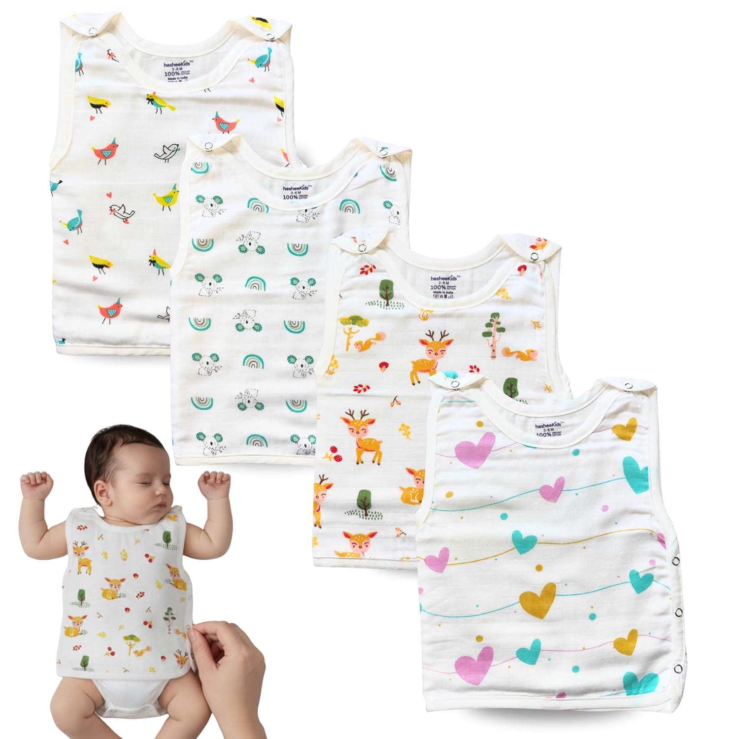 100% Organic Cotton Newborn Baby Jablas | Pack of 4 Unisex Muslin Book-Style Jablas | Soft, Breathable & Easy to Wear for Newborns | Double Layer Muslin + Cotton for Gentle Skin