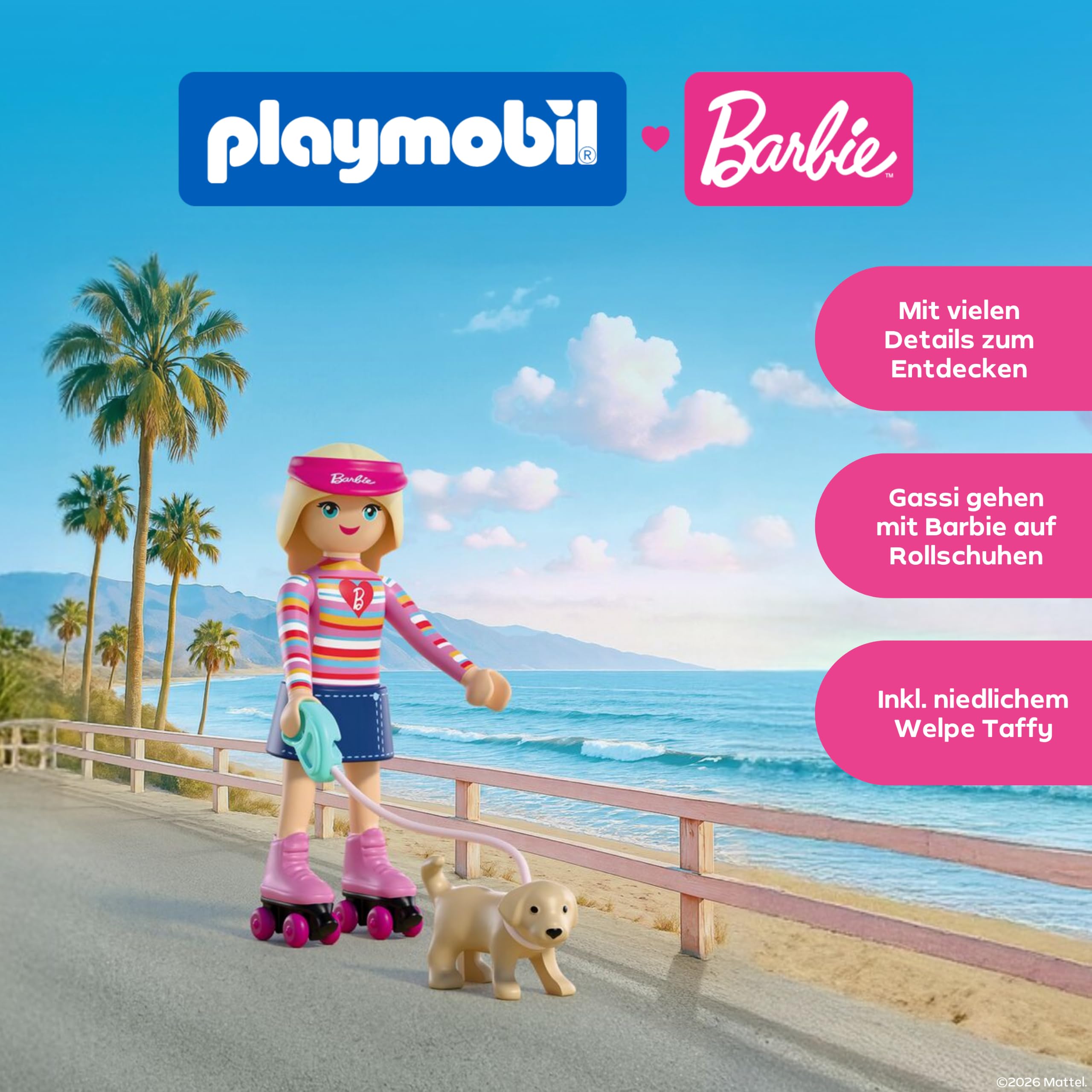 PLAYMOBIL| Barbie Malibu | Rollschuh‑Set mit Barbie, Welpe Taffy & wandelbaren Sneakers | Für Kinder ab 4 Jahren | 72126