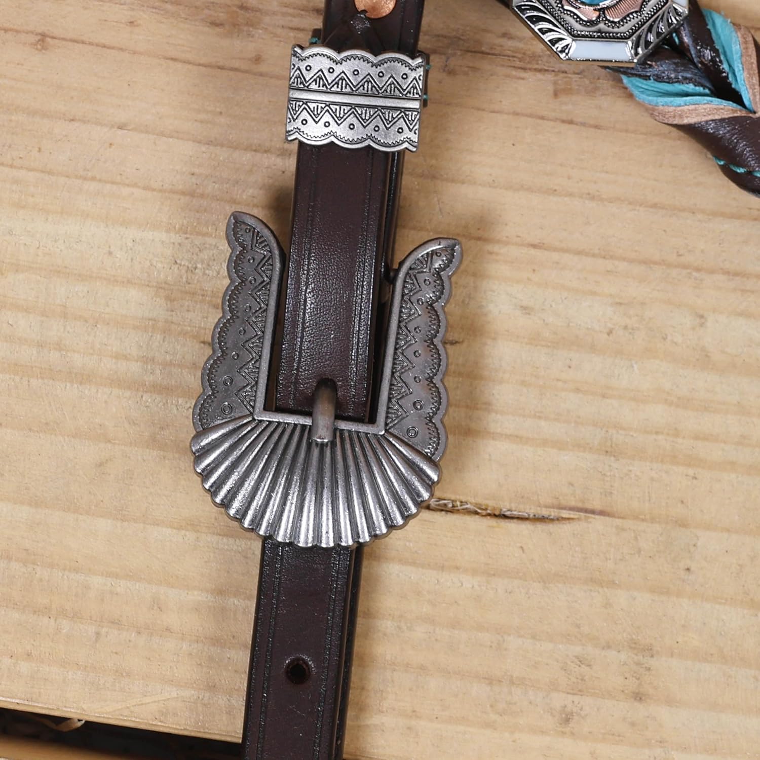 Western Leather Headstall and Breast Collar Tack Set with Geometric Tooling, Turquoise Accent Criss-Cross Braiding, Argentina Cow Leather