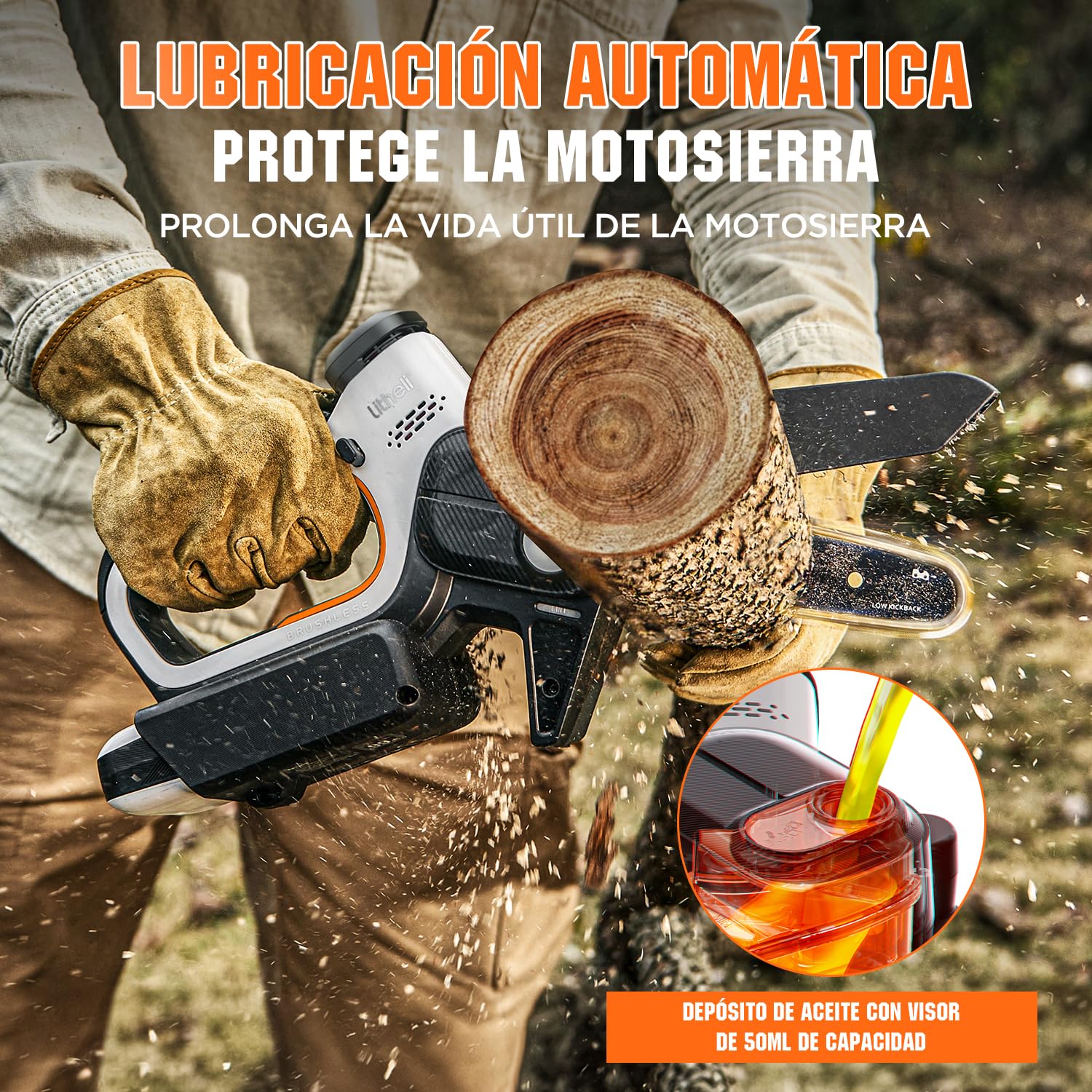 Litheli Mini Motosierra Batería para Poda, Motosierra Eléctrica Brushless de 15 cm con Lubricación Automática, Motosierra de Mano con Diseño de Seguridad para Corte de Madera y Jardín (Sin Batería)