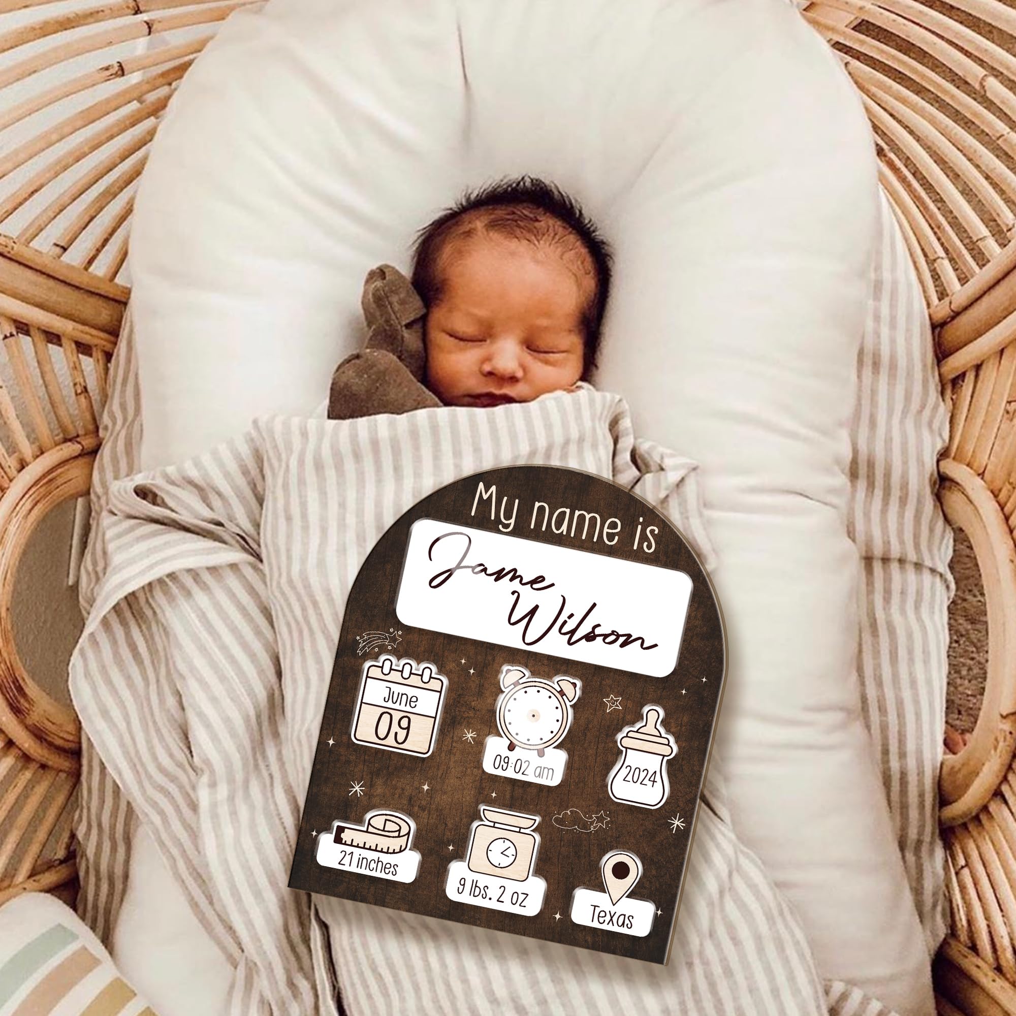 Mondily Baby Announcement Sign for Hospital, Baby Welcome Sign, Arriving Sign, Blank Newborn Birth Stats Board Gifts for New Parents, Boy Girl Hello World Photo Prop Nursery Decor (01 - dark wood)