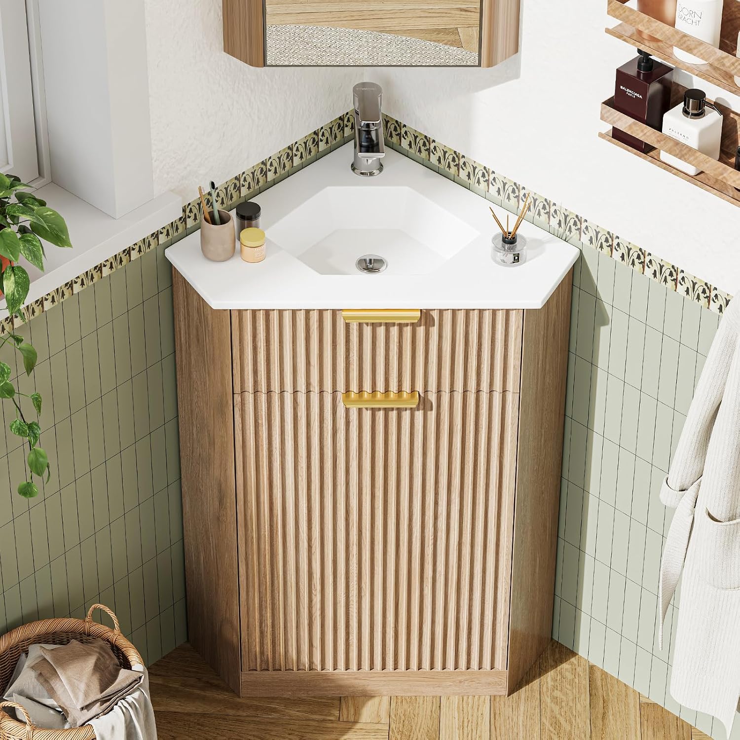 Vabches Corner Bathroom Vanity Sink Combo, Bathroom Cabinet for Small Space, Freestanding Modern Storage Cabinet with White Ceramic Sink, Space Saving Triangular Bathroom Furniture, Oak