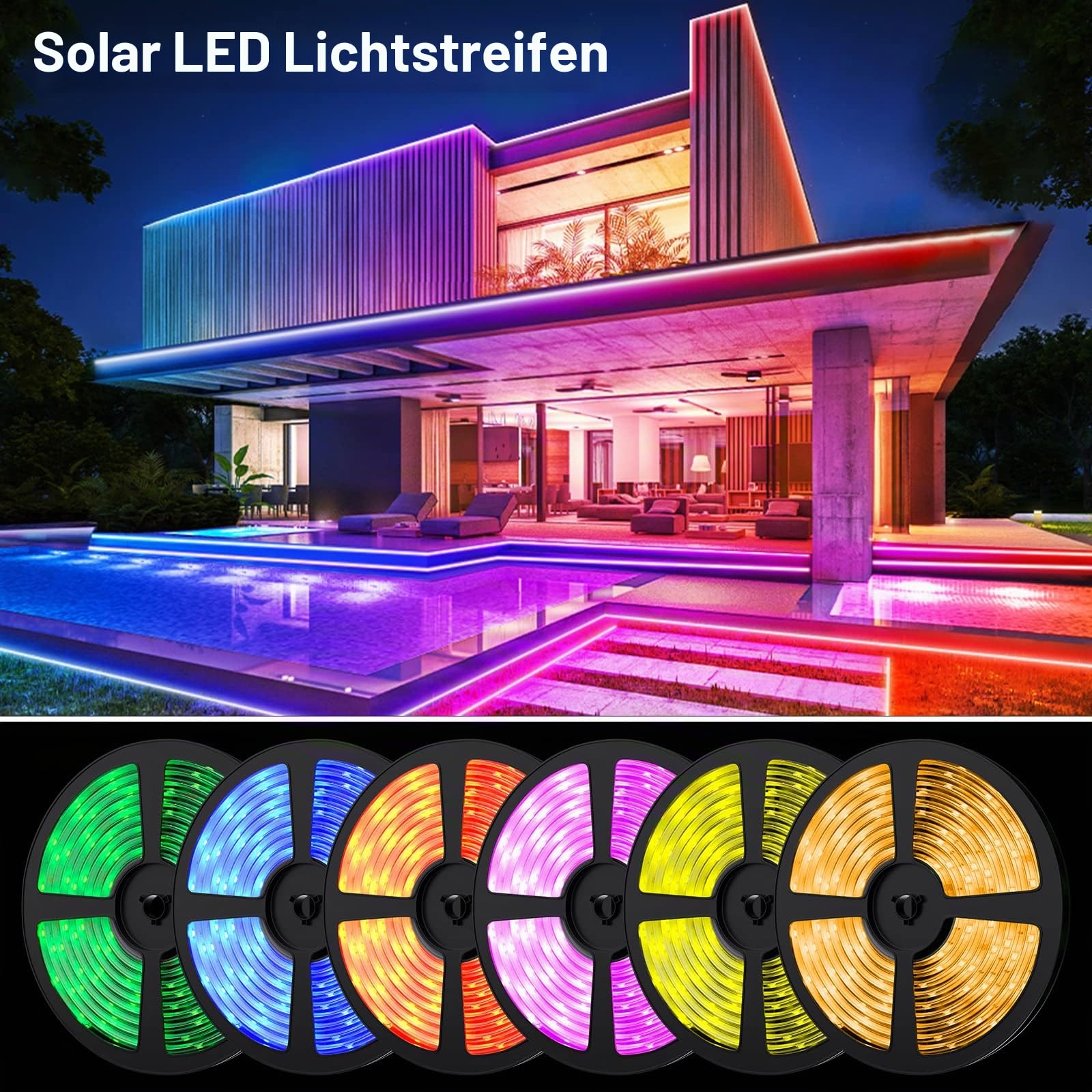 Solar LED Streifen Außen, 10m SMD 5050 LED Leuchten Solarbetriebener RGB Farbwechsel LED Streifen, IP67 Wasserdichte Dekorative Lichterkette für Yard Trees Garden