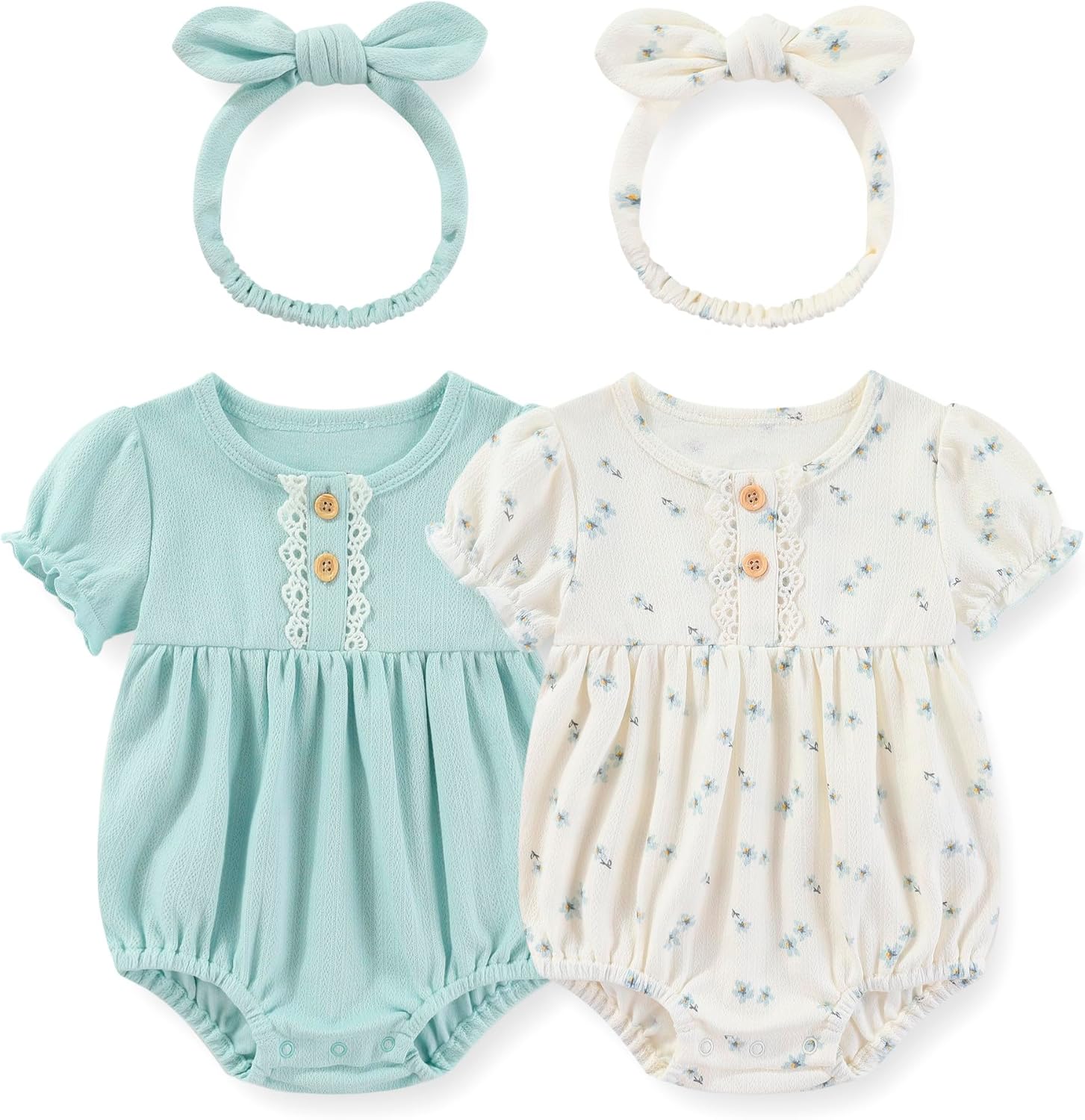 Newborn Baby Girl Clothes Cotton Bubble Rompers Infant Outfit Floral Long Short Bodysuit, 4 Pack - Image 3