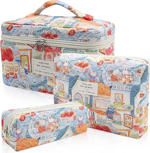 Miniatura 38 de Set de bolsas de maquillaje, bolsa de maquillaje acolchada, bolsa de cosméticos floral grande para mujeres, lindas bolsas de maquillaje de algodón,