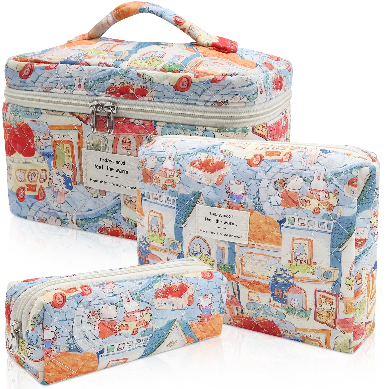 Gosect 3pc Makeup Bag Set, Quilted Makeup Bag Set, Large Floral Cosmetic Bag for Women, Cute Cotton Makeup Bags, Flower Travel Toiletry Organizer Bag