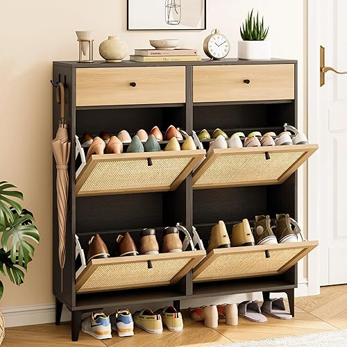 Rattan Shoe Cabinet Storage for Entryway, Narrow Wood Shoe Cabinet with 4 Flip Drawers & 2 Drawers, Freestanding Hidden Shoe Organizer with Metal Legs, Black