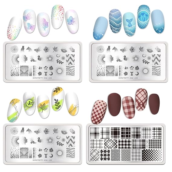 Born Pretty Nail Stamping Plates Set Plaid Flowers Leaves Lace