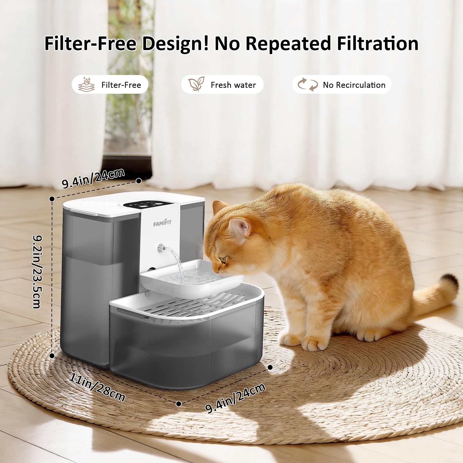 Fuente de agua automática para gatos de 4,5 L + 2 L (sin calefacción), batería de 2000 mAh, temporizador de 3/6/9H y control de 80/100/120 ml, sistema de agua limpia, sin filtro, cuenco de