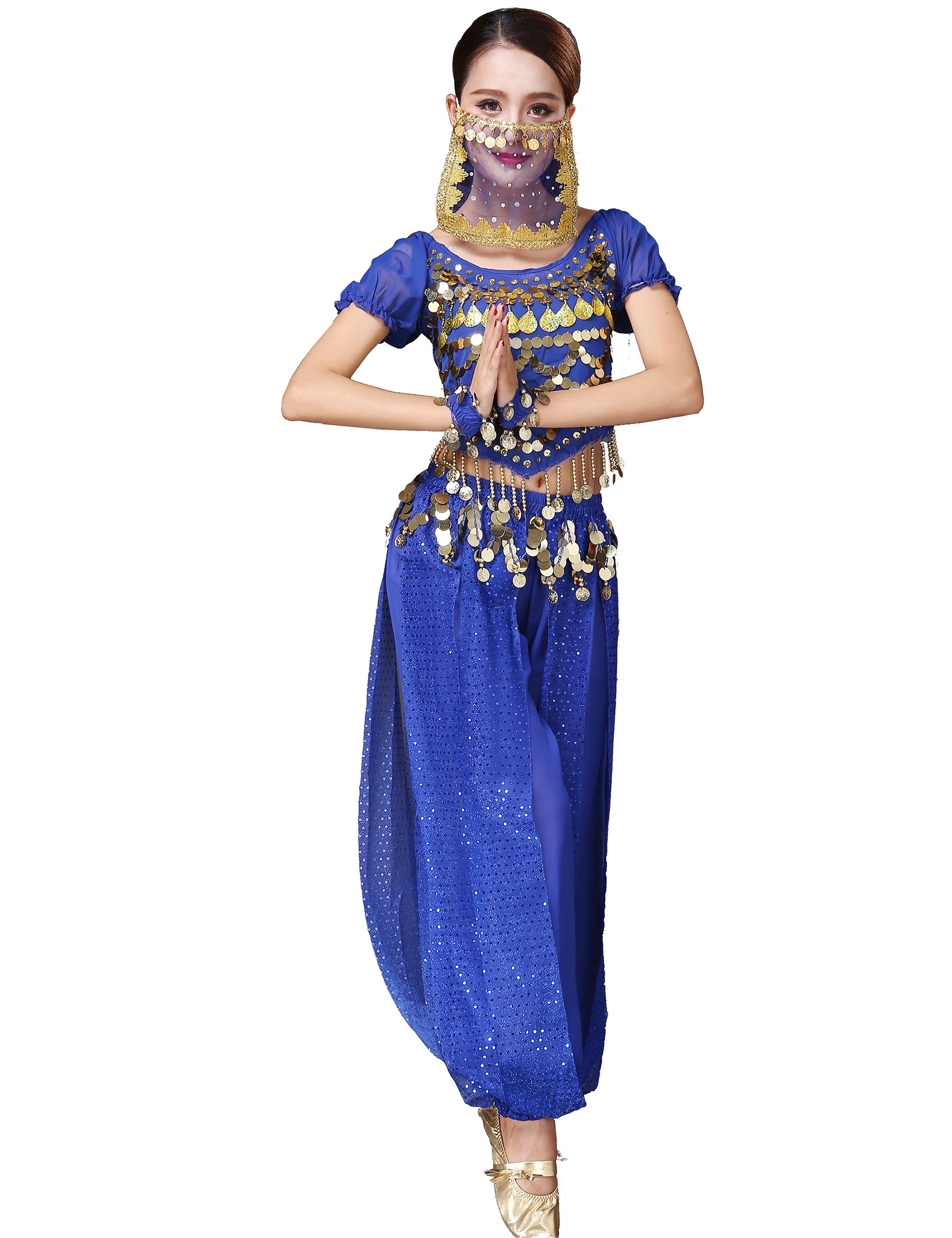 Astage Belly Dance Halloween Costume Top Pants Veil Bracelets Headdress Sets Royal Blue