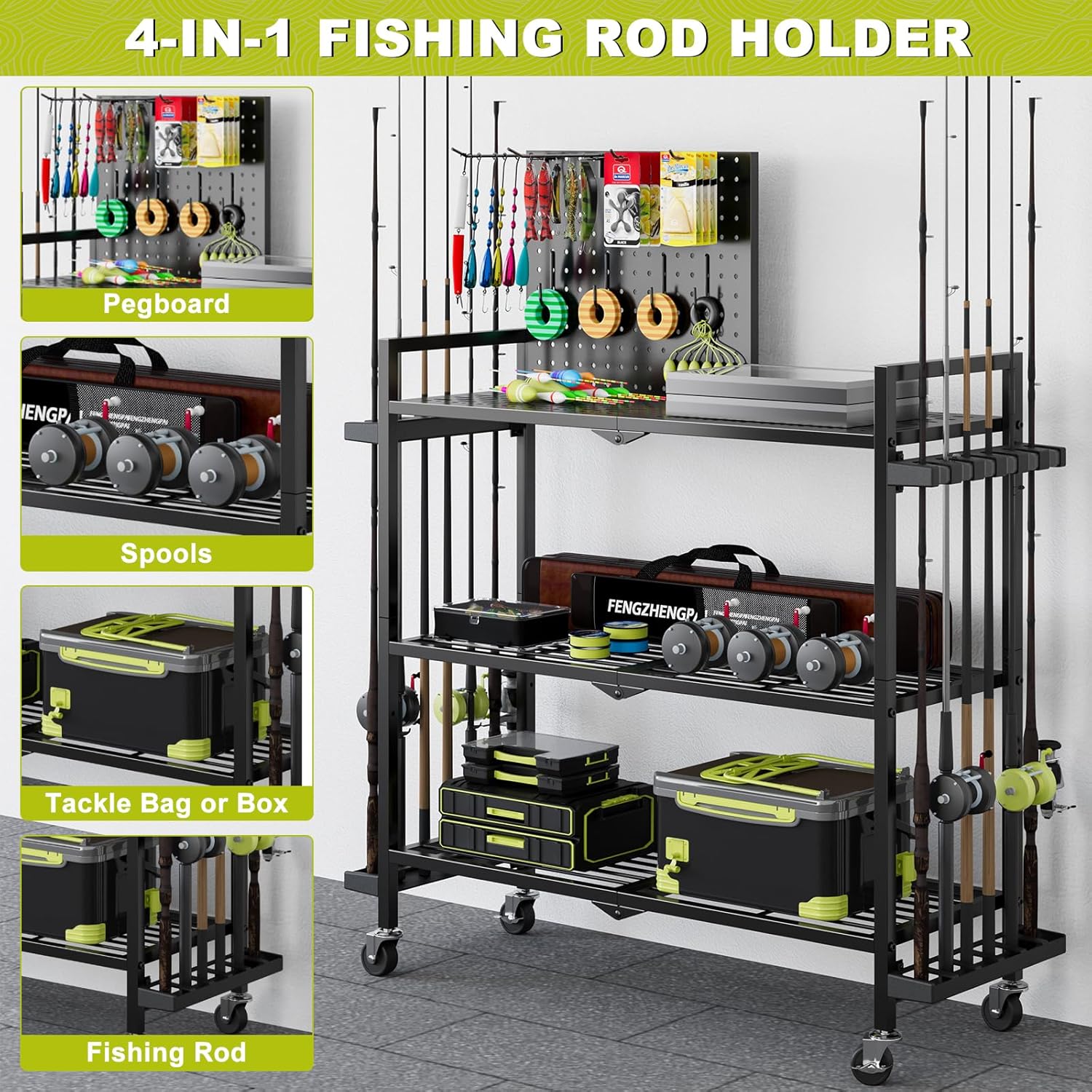 Fishing Rod Holders for Garage, Fishing Rod Stand with Wheels and Pegboard, 3-Tier Pole Storage Rack with 12 Rod Slots, Ideal for Tackle, Backpacks, and Gear Black