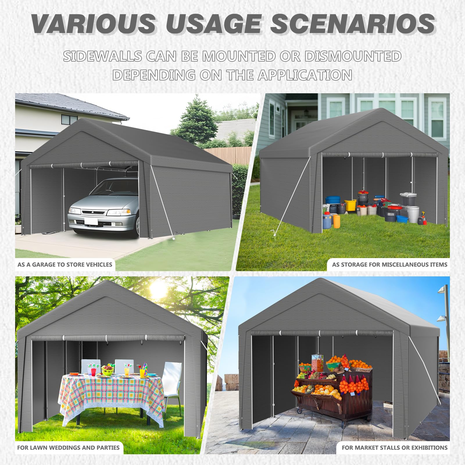 Pavillon XXL Carport 4x8m mit Stabil PE Plane, UV-beständig wasserdicht, abnehmbaren Seitenwänden, Dachverstärkung, Metallrahmen, Garagenzelt für Auto, LKW, Party, temporäre Werkstatt, Grau