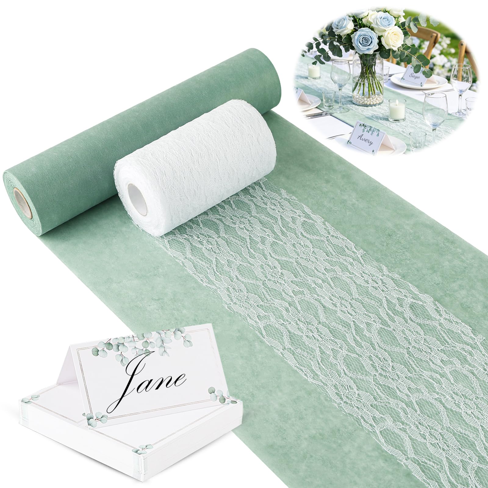 Vlies Tischläufer Salbeigrün 30 cm x 25 m mit Weißer Spitzenband und Tischkarten, Tischläufer Set Eukalyptus Grün, Tischdeko für Taufen, Kommunion, Konfirmationen, Hochzeiten und Geburtstage