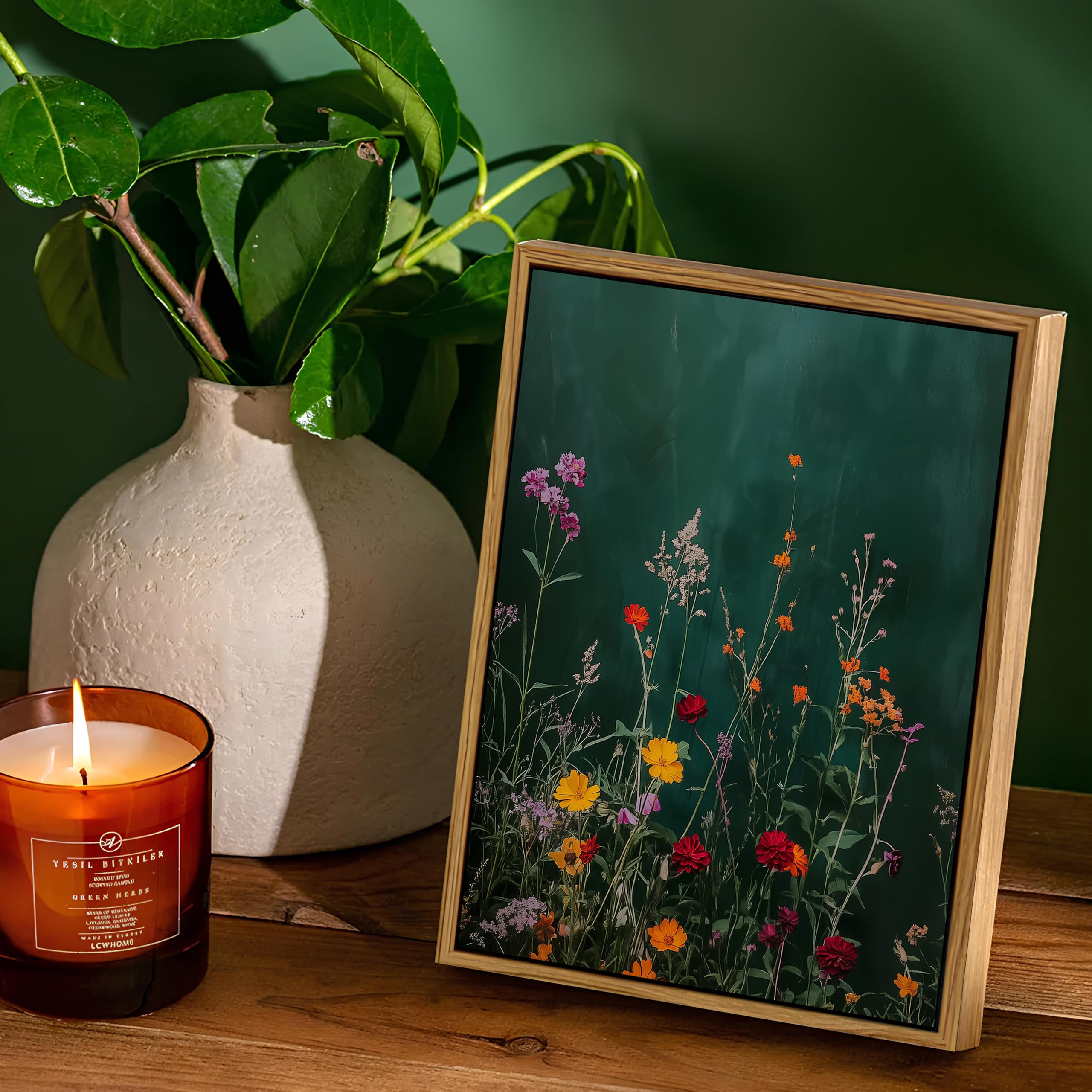 Framed Abstract Wildflower Wall Art for Living Room Decor Colourful Floral Canvas Pictures Botanical Prints Minimalist Flowers Landscape Wall Painting for Bedroom Bathroom Home Decorations 20x25cm - Image 3