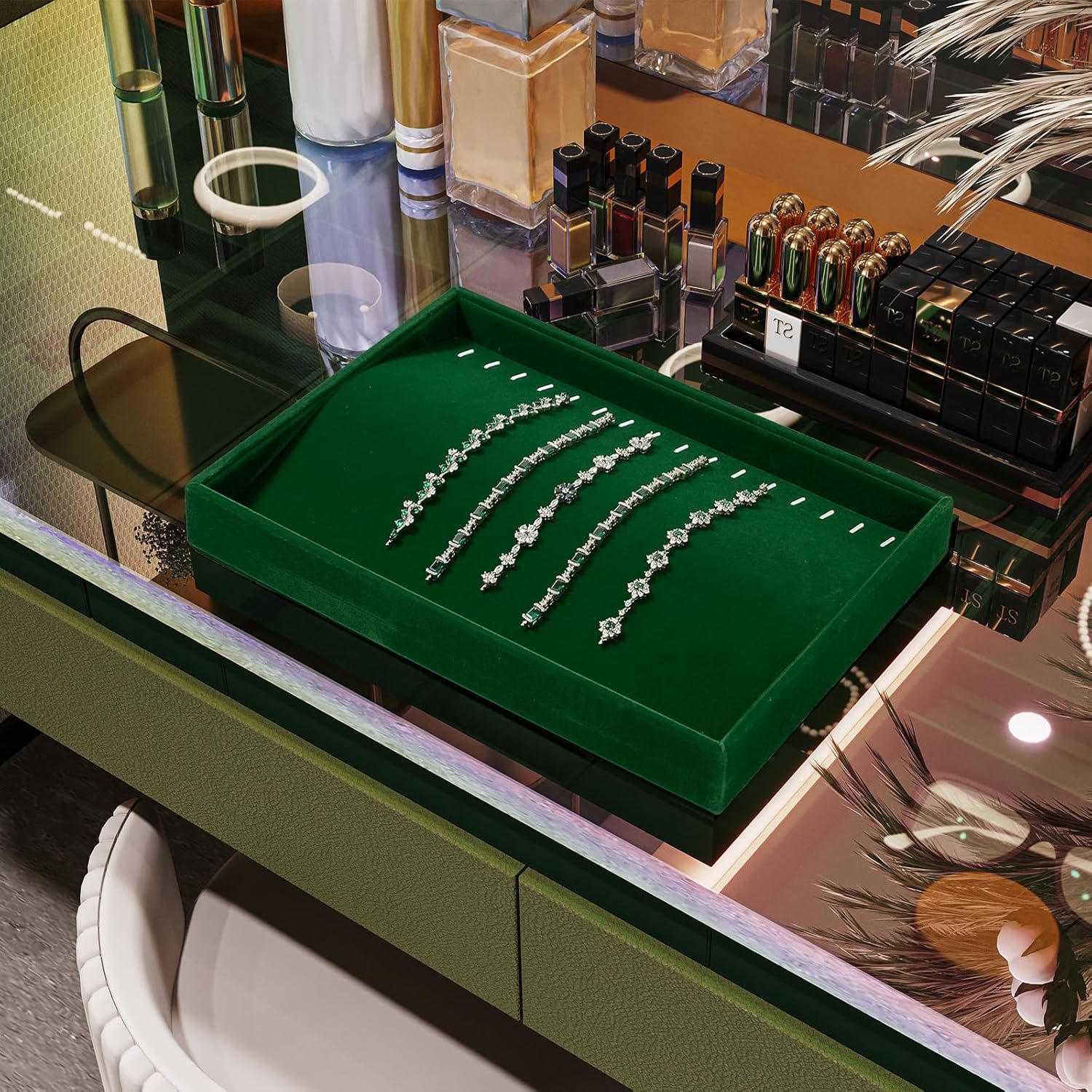 16 Slots Necklace Bracelet Tray Velvet Jewelry Trays Jewelry Drawer Organizer for Necklace, Bracelets, Watch Storage Display (Green) - Image 2