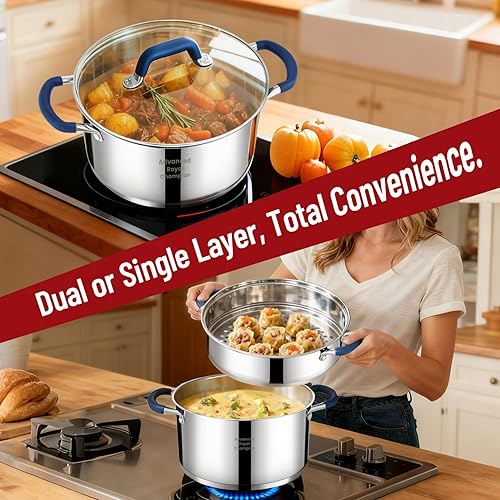 Miniatura 3 de ARC Olla de acero inoxidable de 6 cuartos con cesta de vapor, olla de vapor múltiple con tapa de vidrio templado para cocinar, utensilios de cocina