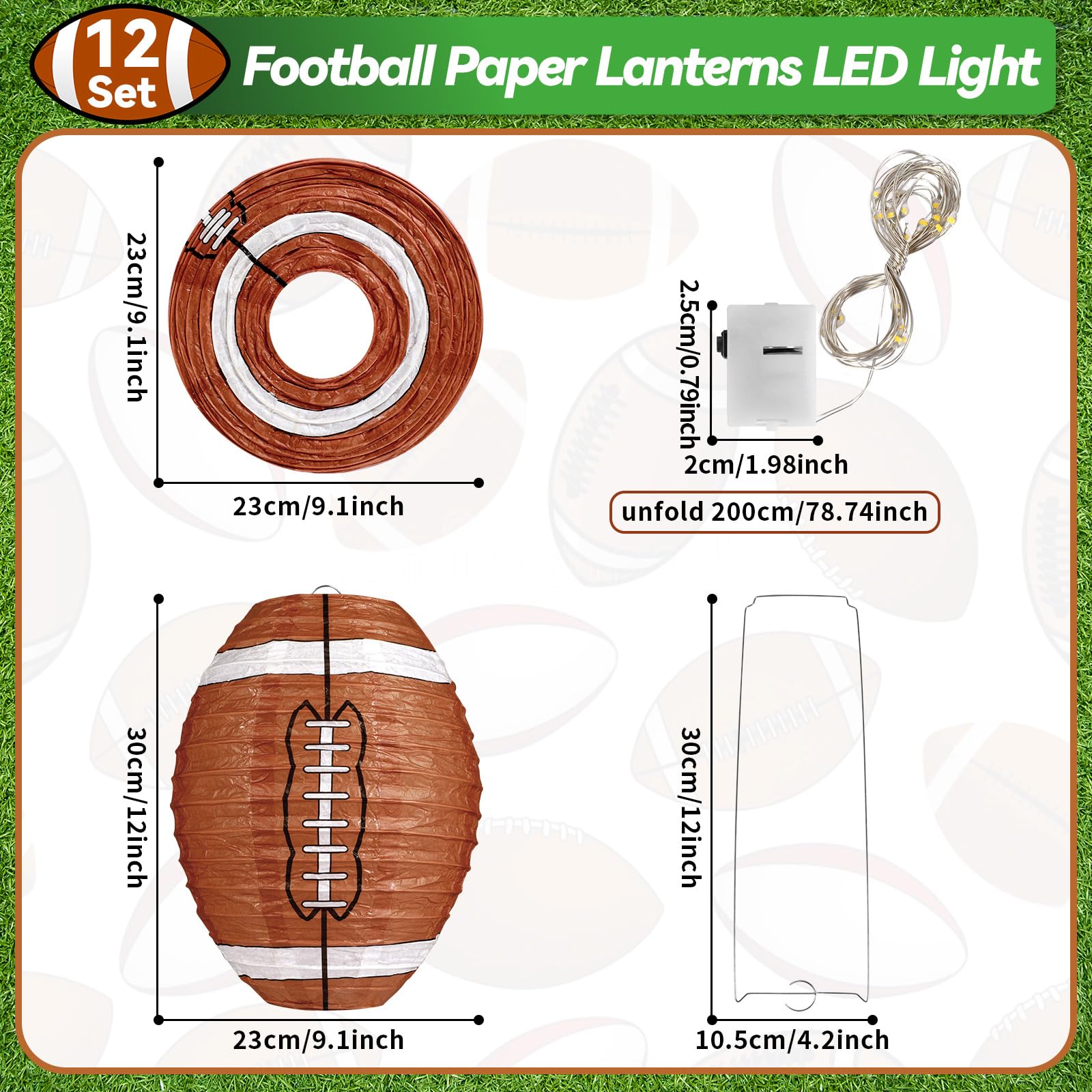 OBUSATT 12 Set Football Paper Lanterns Football Party Decorations LED Light Football Hanging Lanterns Sport Theme LED Lights Football for Birthday Baby Shower School Game Bar Party Supply