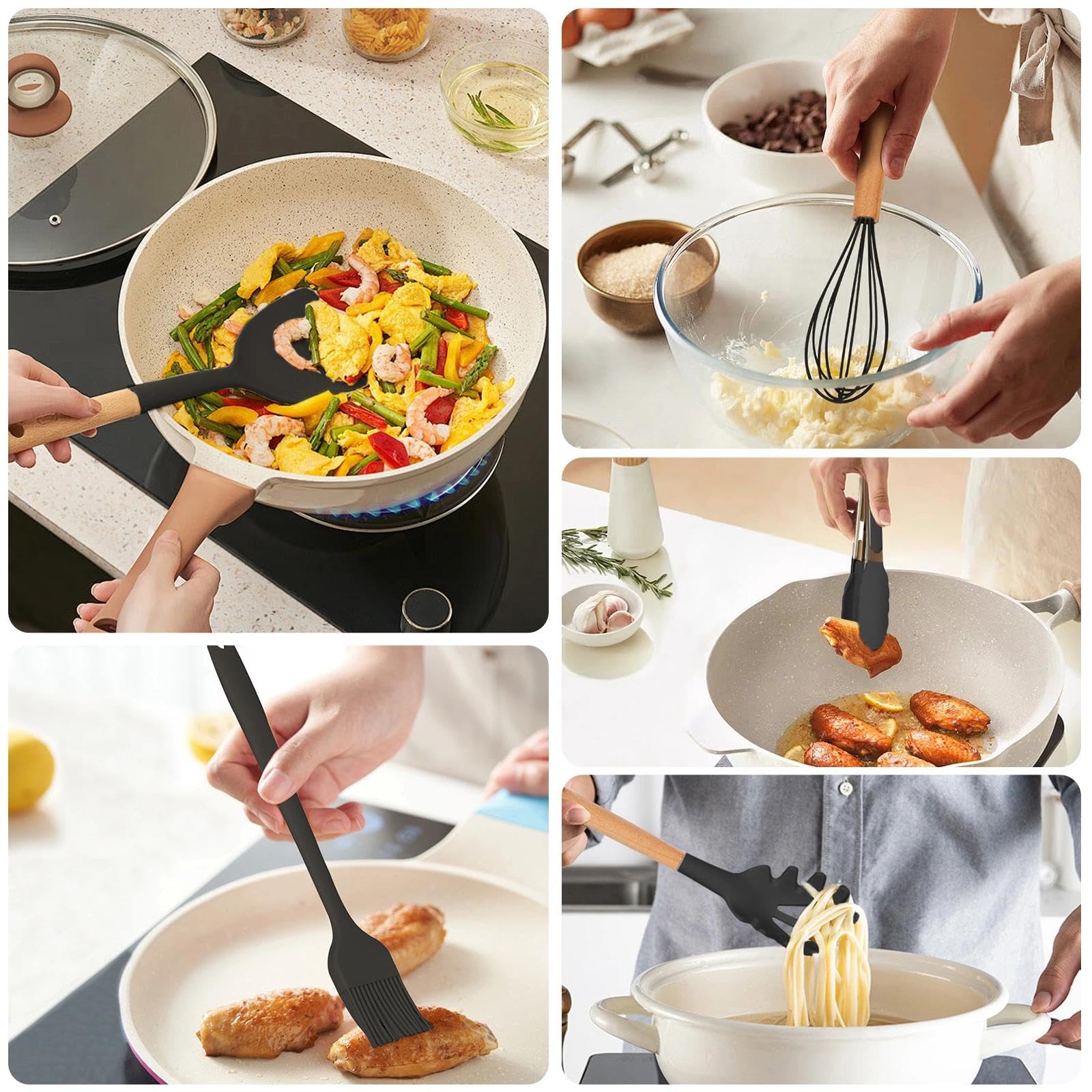 Utensili Cucina Silicone - 33 Pezzi Utensili Da Mestoli Cucina Silicone Con Manico In Legno, Senza Bpa, Resistenti Al Calore E Antiaderenti, Con Supporto E Mestoli, Con Fori Per Appendere, Nero