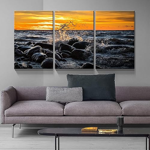Miniatura 5 de Denozer - 3 paneles de impresiones artísticas en lienzo - Mar y piedras en la puesta de sol - Cuadro moderno sobre lienzo estirado y enmarcado para