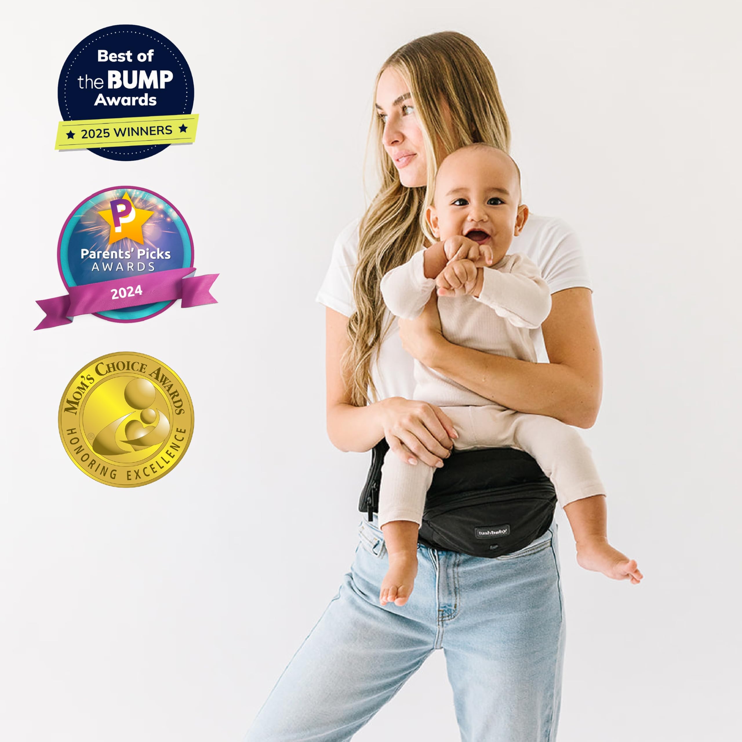 Tushbaby Hip Carrier for Babies & Toddlers (Black) - Safety-Certified, Machine Washable Child Waist Seat for One Hand Support with Multi-Pocket Storage, 23”- 44” Waist, Holds Kids 0-3 yrs up to 45lbs — view 3