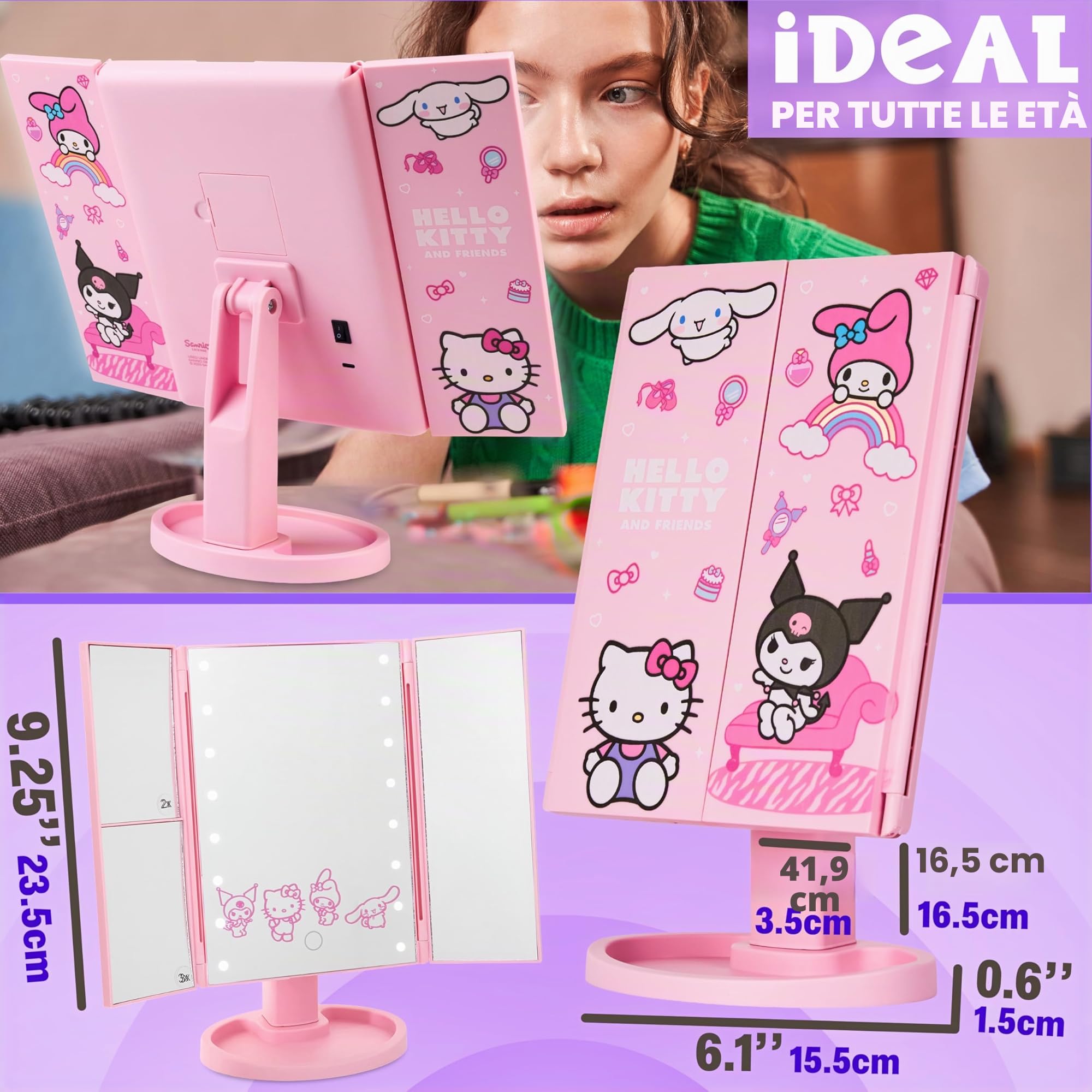 Get Trend Hello Kitty Sanrio Specchio Vanity con 16 LED Luci Tri-Fold Illuminare Specchi da Trucco con 3 Modalità Ingrandimento e Sensore Touch