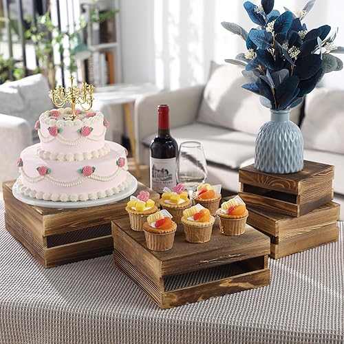 Miniatura 3 de Soporte decorativo de madera para cupcakes, 4 piezas, soporte decorativo para postres y pasteles, caja de madera, soporte rústico para tartas, para