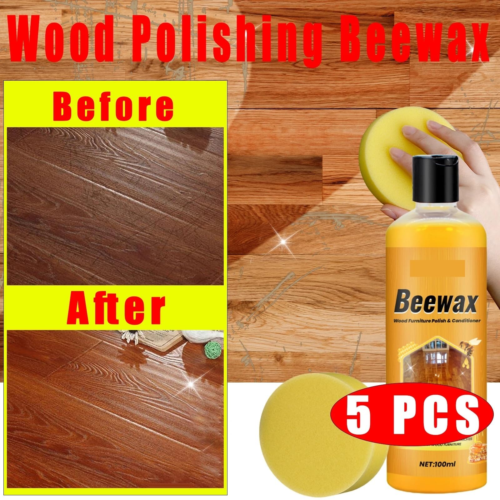 5 unidades de 100 ml de cera de abejas for pulir pisos de madera, multiusos, for muebles de madera, polvo, suciedad, manchas, limpiador abrillantador de madera.