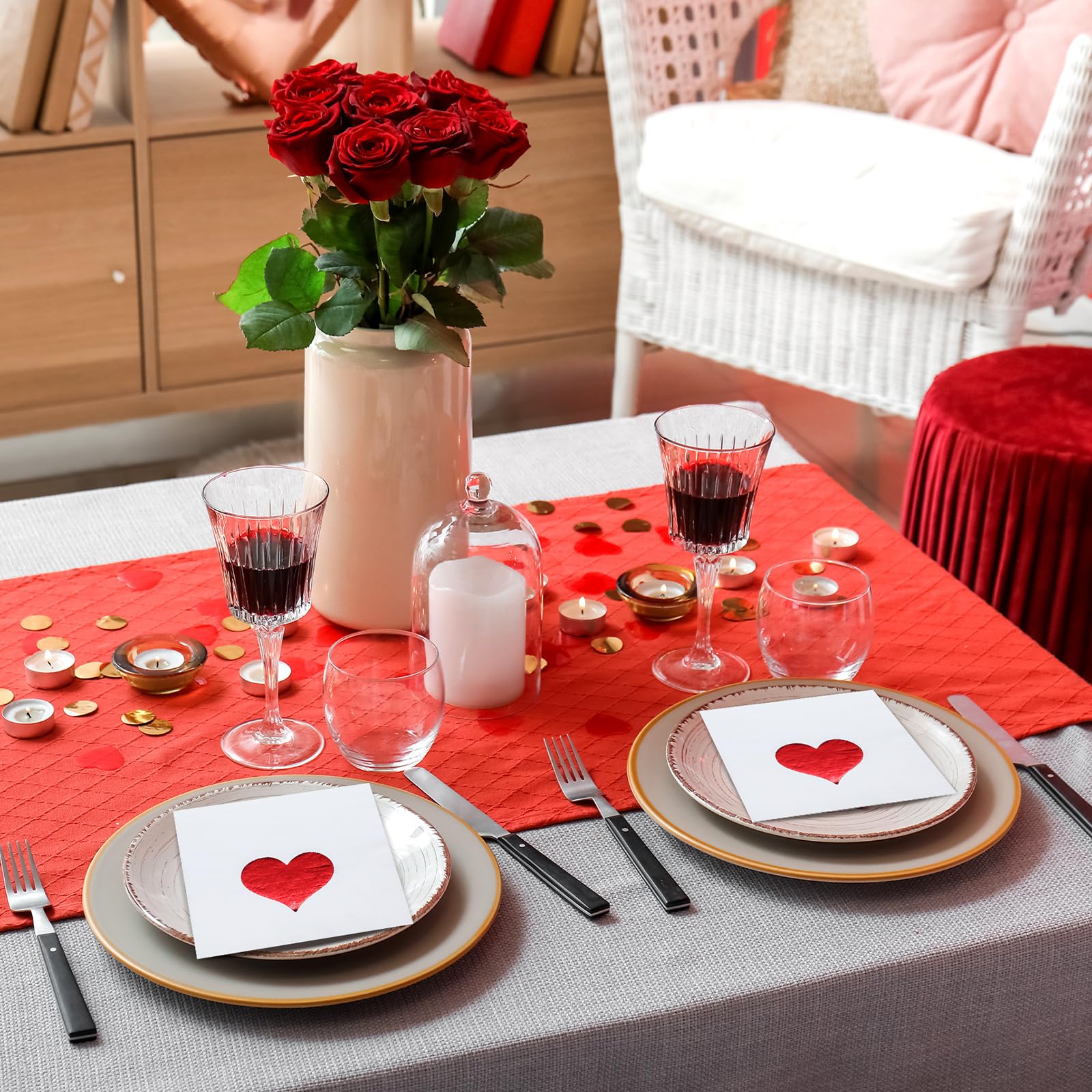 200 toallas de mano desechables de papel de aluminio rojo con corazón de amor, servilletas decorativas de papel para invitados para el día de San Valentín, fiesta, cocina, baño
