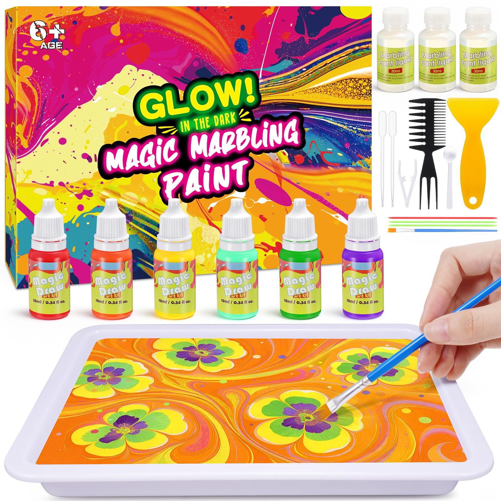 Hapikids Glow Water Marbling Paint for Kids, Arts and Crafts for Kids Toys for 6-12 Year Old Boys Girls Gift for 7 8 9 10 11 Year Olds Girls Boys Craft Kits for Kid STEM Learning Toys Ideal Gifts
