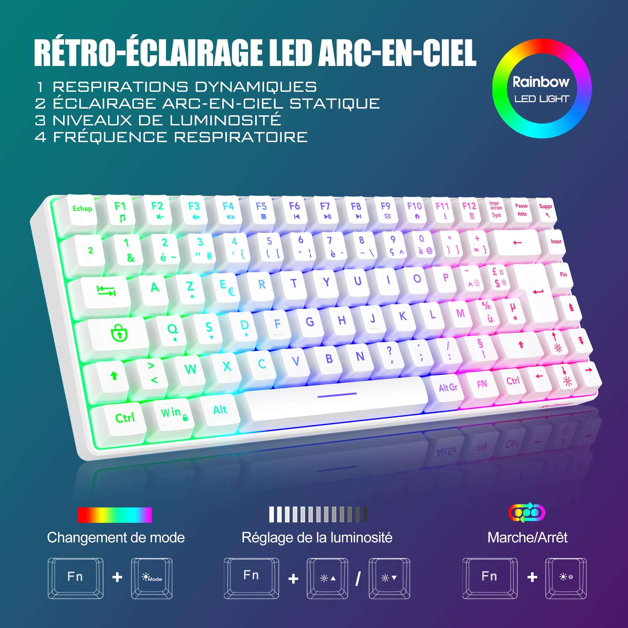 RedThunder K84 Combo Clavier et Souris USB sans Fil Gamer, AZERTY Français, Batterie Rechargeable RVB Rétroéclairée, Clavier TKL à 75% et Souris Optique Légère en Nid d'abeille 3200 DPI(Blanc)