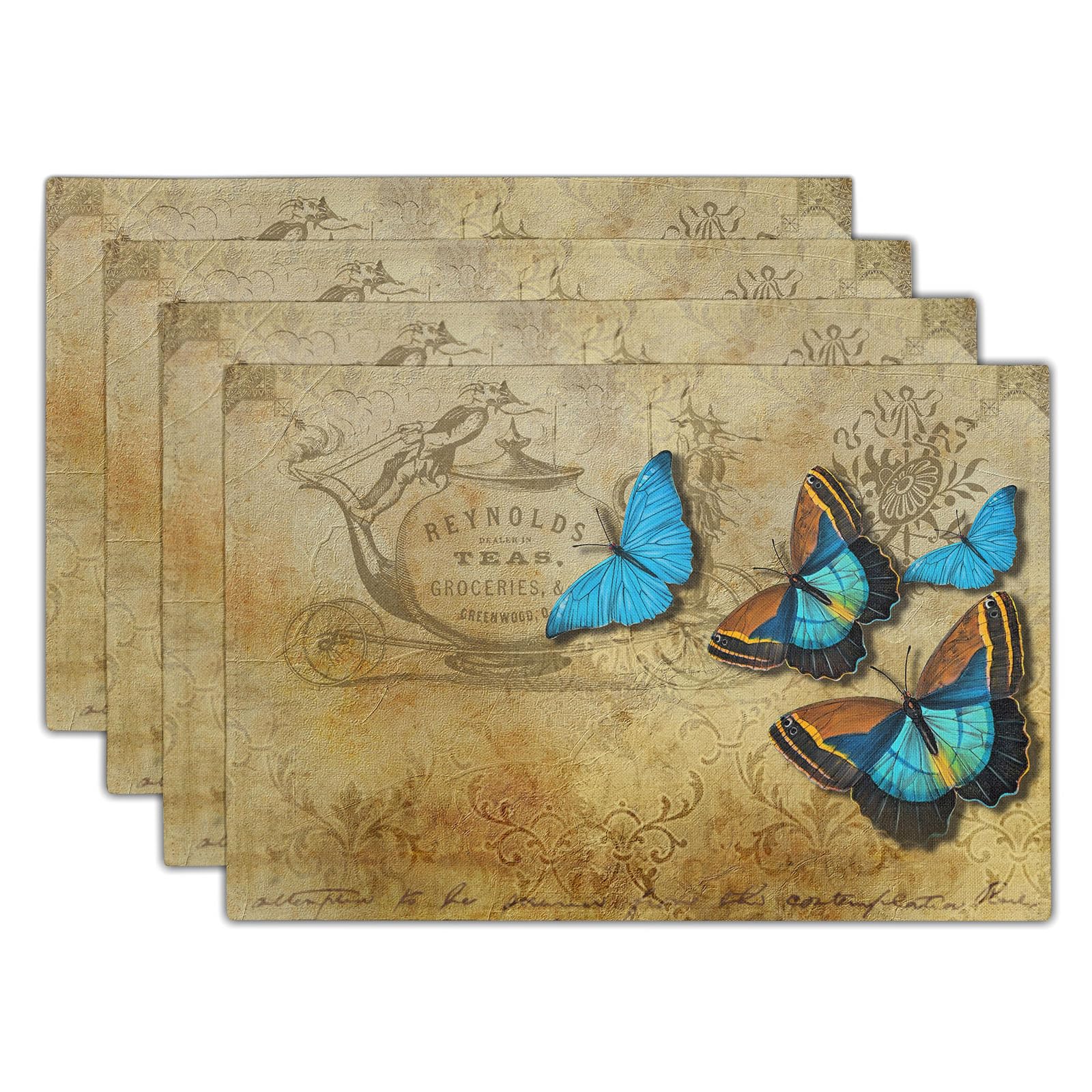 Fantastic Teapot Table Mat Blue Butterfly Place Mat Wipeable Linen Placemat Scratch Resistant Placemats Set of 4 Kitchen Accessories for Party Atmosphere Enhancement