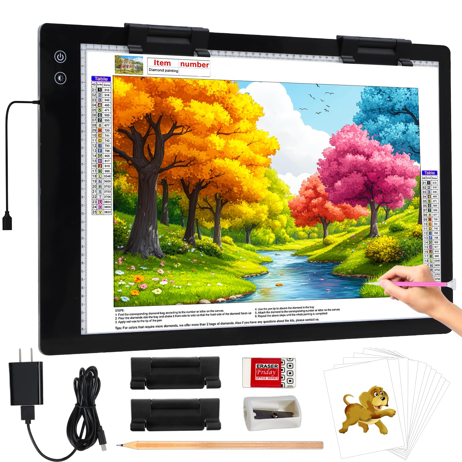 KOBAIBAN Wiederaufladbares großes A2-Lichtpad, 3 Farben, Lichtmodus, Diamantmalerei, schnurloses Lichtbrett, 6-stufige/stufenlos einstellbare Helligkeit, kabellose Künstler-Lichtbox, Kopiertisch zum